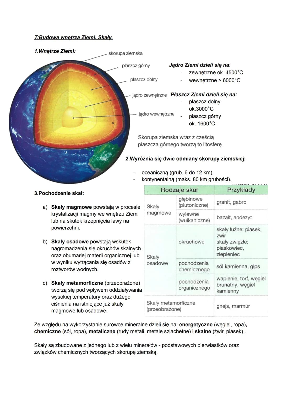 T:Budowa wnętrza Ziemi. Skały.

1.Wnętrze Ziemi:

skorupa ziemska

płaszcz górny

Jądro Ziemi dzieli się na:
- zewnętrzne ok. 4500°C

płaszc