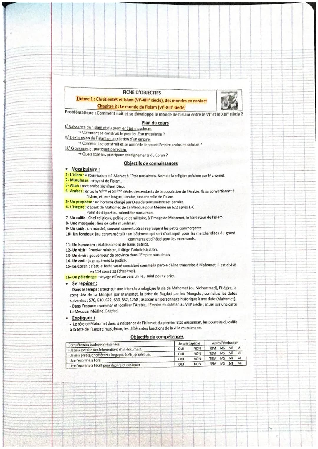 FICHE D'OBJECTIFS

Thème 1: Chrétientés et Islam (VI-XIII° siècle), des mondes en contact

Chapitre 2: Le monde de l'islam (VI-XIII° siècle)