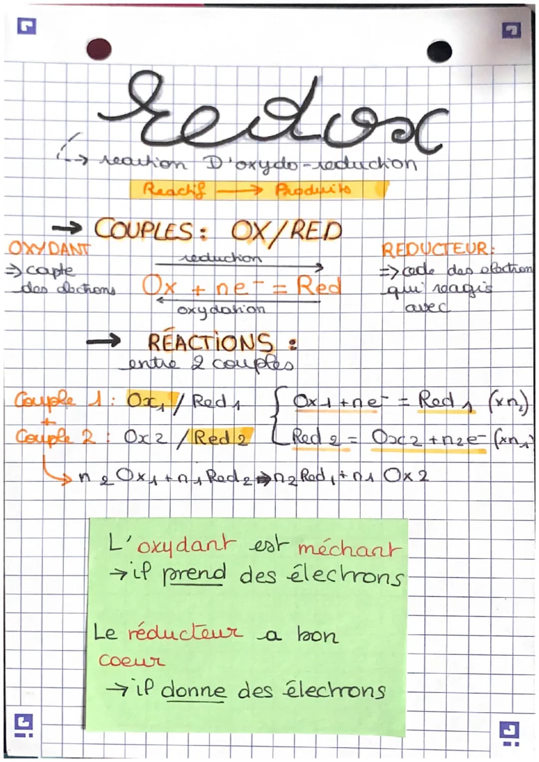 # redox

→ reaction D'oxydo-reducion

Reachs → Produits

→COUPLES: OX/RED

OXYDANT

→ capte

 des doctions $Ox + ne^{-} = Red$

oxy dahon

→