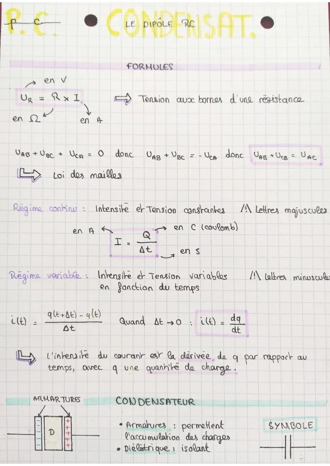 LE DIPOLE RC
PLE SAT.

FORMULES

en v
$U_R = R x I$

Tension aux bornes d'une résistance

en

en A

$U_{AB} + U_{BC} + U_{CA} = O$ donc $U_{