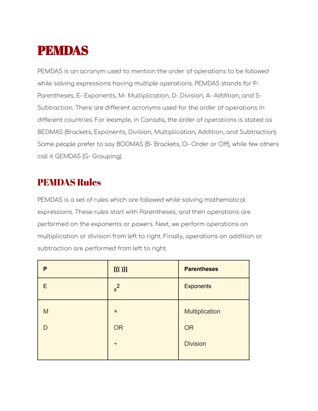 # PEMDAS

PEMDAS is an acronym used to mention the order of operations to be followed
while solving expressions having multiple operations. 