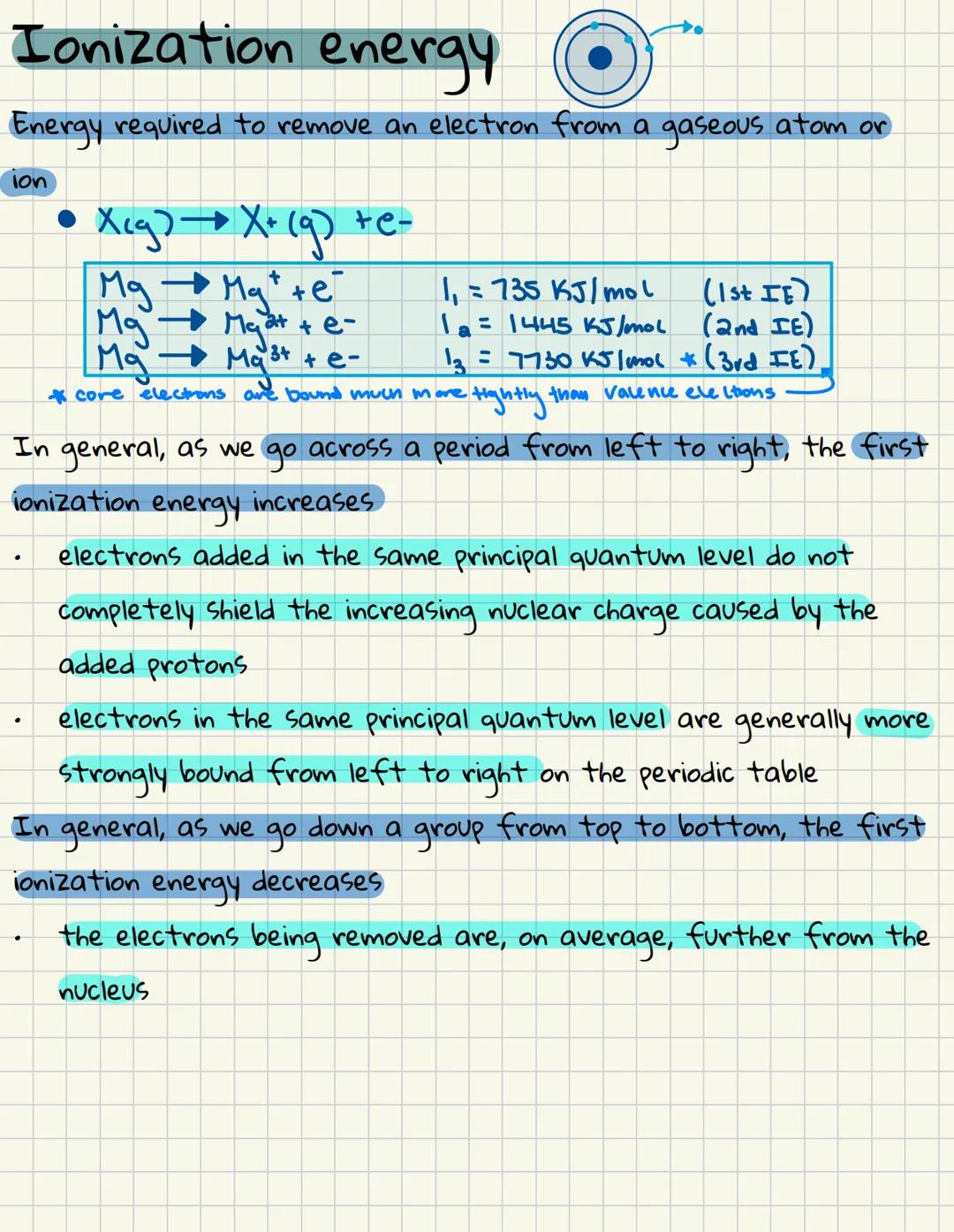 # Ionization energy

Energy required to remove an electron from a gaseous atom or
ion

- $Xcg) \rightarrow X+(9) +e-$

```
Mg → Mg⁺ +e⁻     