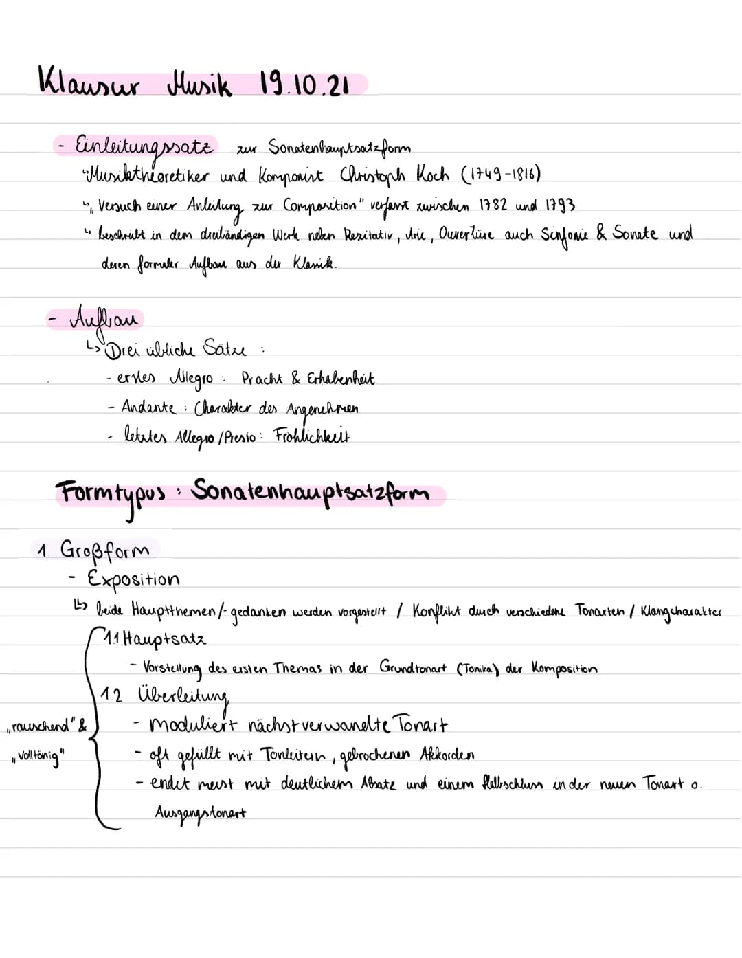 # Klausur Musik 19.10.21

- Einleitungssatz zur Sonatenbauptsatzform

  "Musiktheoretiker und Komponist Christoph Koch (1749-1816)

  "Versu