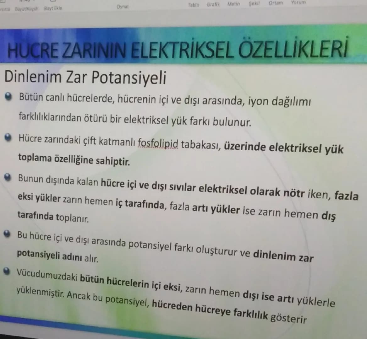rüntü Büyüt/Küçült Slayt Ekle
Oynat
Tablo Grafik Metin Şekil Ortam Yorum
HUCRE ZARININ ELEKTRİKSEL ÖZELLİKLERİ

Dinlenim Zar Potansiyeli

• 