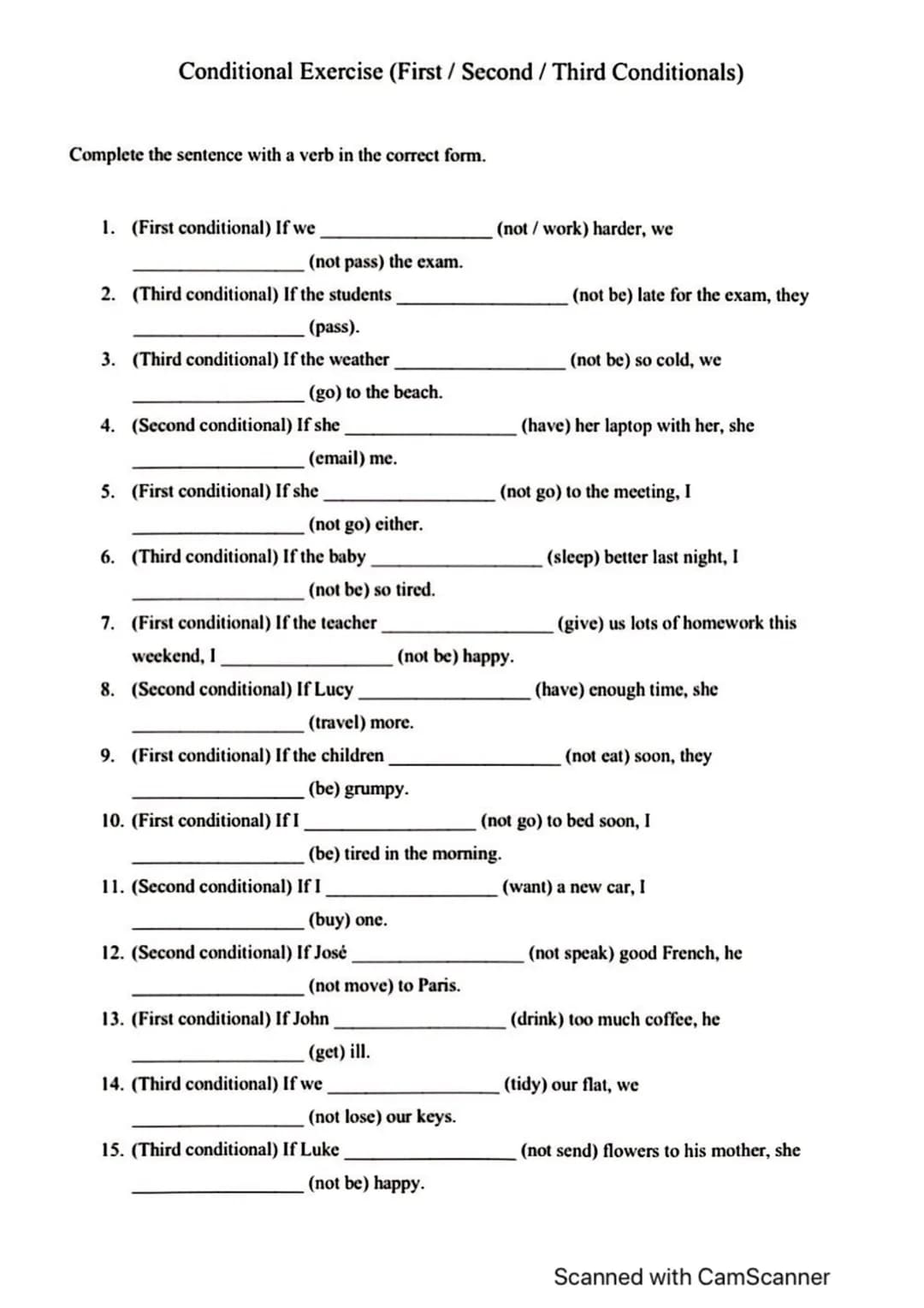 # Conditional Exercise (First / Second / Third Conditionals)

Complete the sentence with a verb in the correct form.

1. (First conditional)