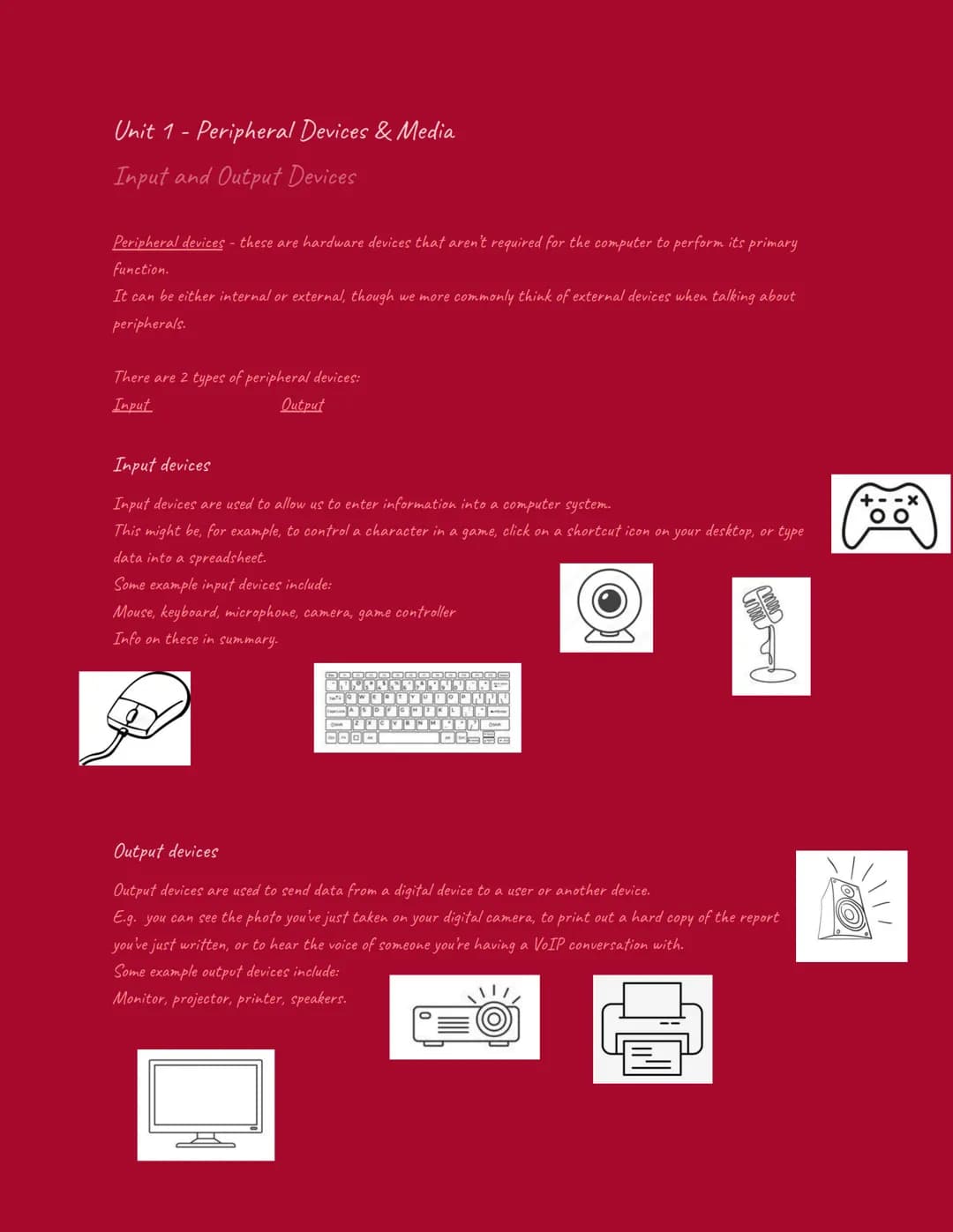 # Unit 1- Peripheral Devices & Media

Input and Output Devices

Peripheral devices - these are hardware devices that aren't required for the