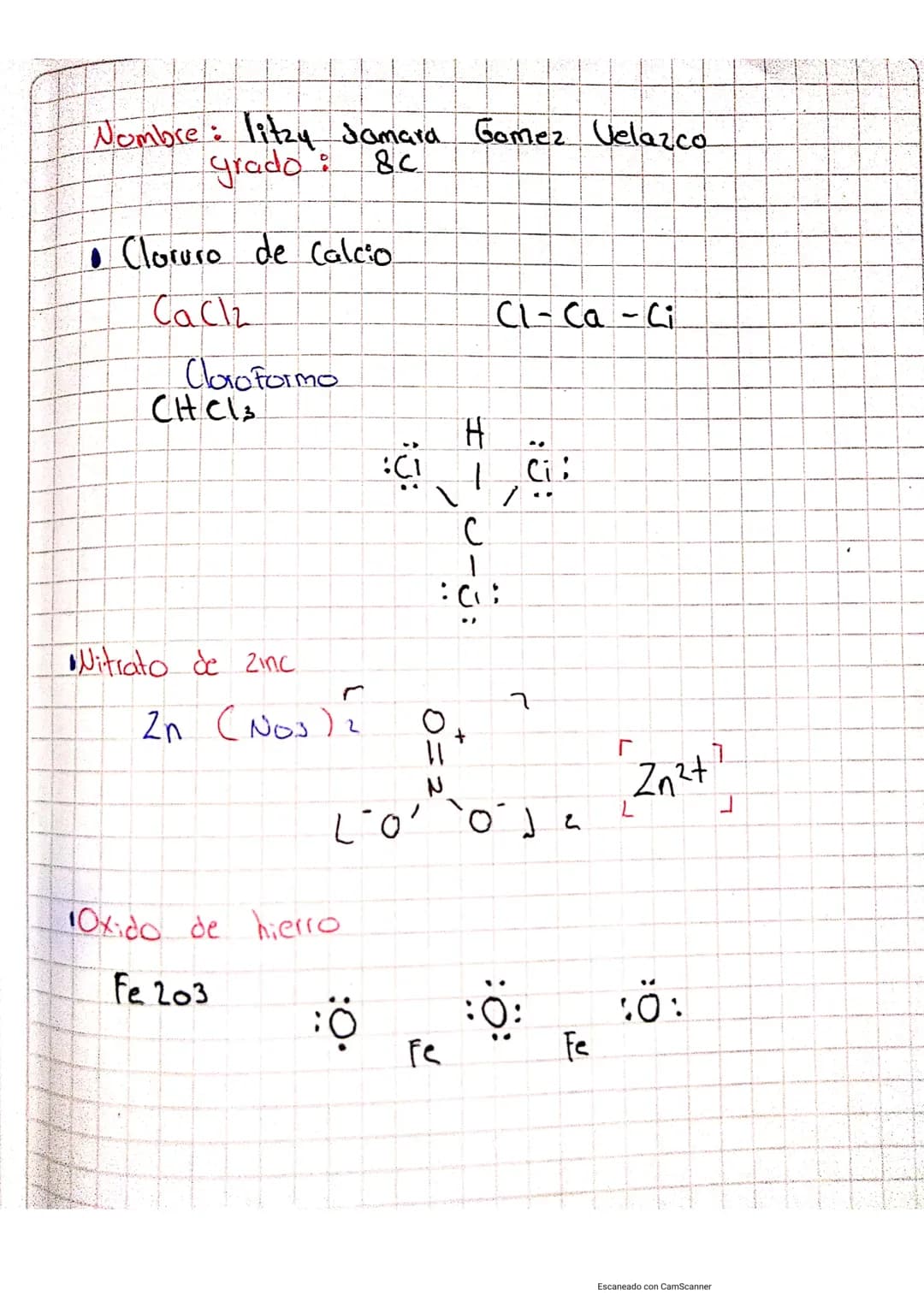 Nombre: litzy Jamara Gomez Velazco
grado: 8c

• Cloruro de Calcio

Callz
CI-Ca-Ci

Cloroformo
CHCl3

:Cl H :Cl:
\
/
C
/
:Cl:

Nitrato de zin