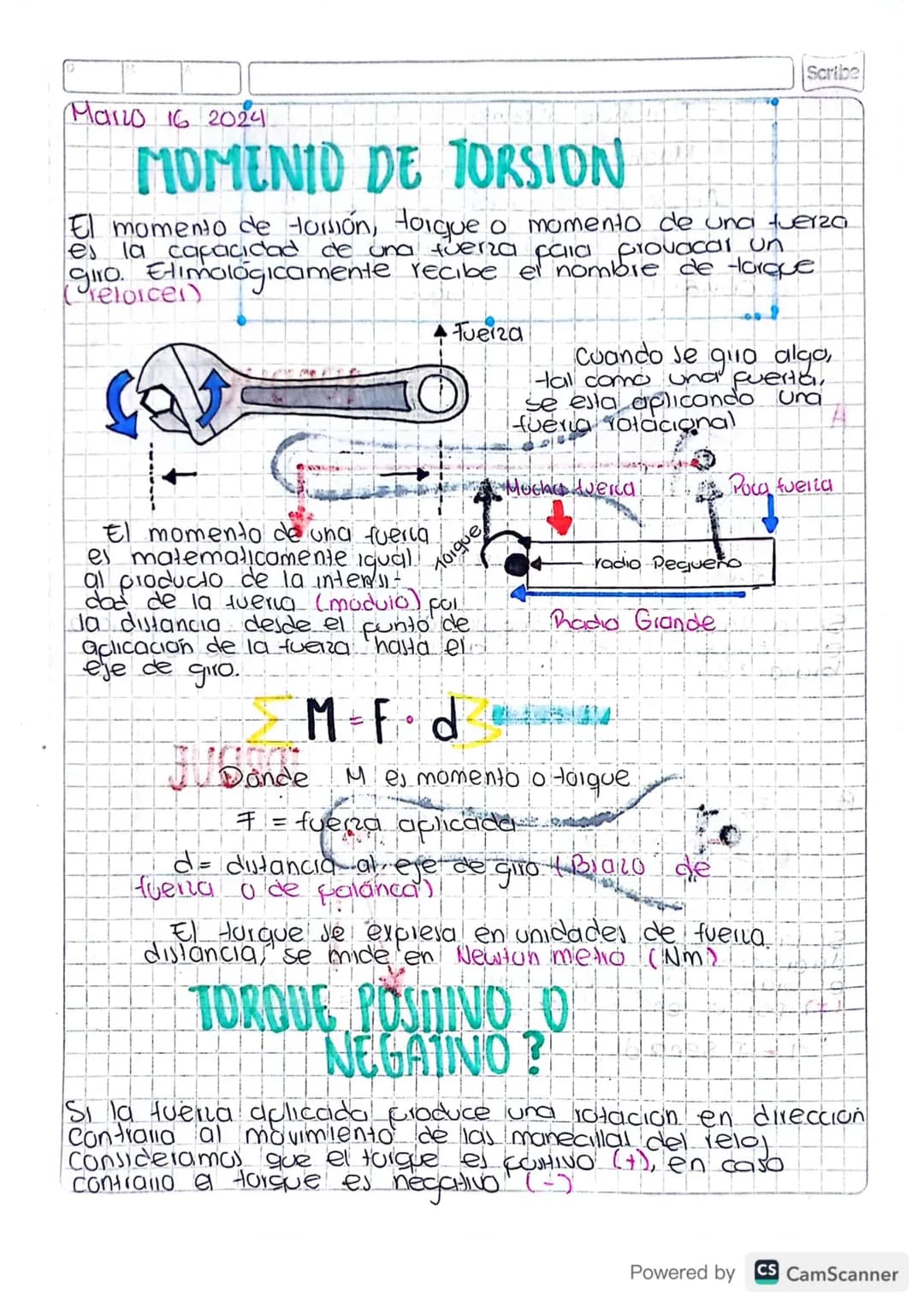 Scribe
Marzo 16 2024
MOMENIO DE TORSION
El momento de torsión, torque o momento de una fuerza
es la capacidad de una fuerza calla provocar u