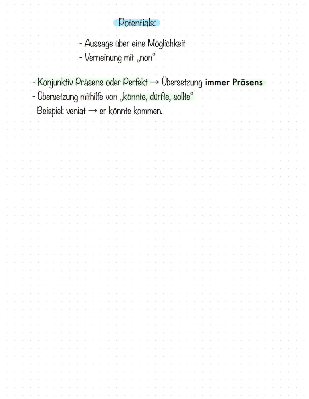 # KONJUNKTIV IM HAUPTSATZ

Irrealis:
- Aussage über etwas Unmögliches
- verneint wird mit „non“

1) Irrealis der Gegenwart: steht im Konjunk