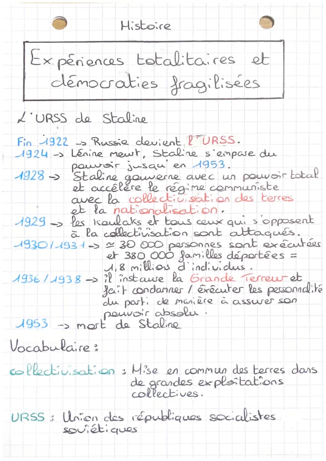 Histoire

Expériences totalitaires et
démocraties fragilisées

L'URSS de Staline

Fin 1922 -> Russie devient, PURSS.
1924 -> Lenine mewt, St