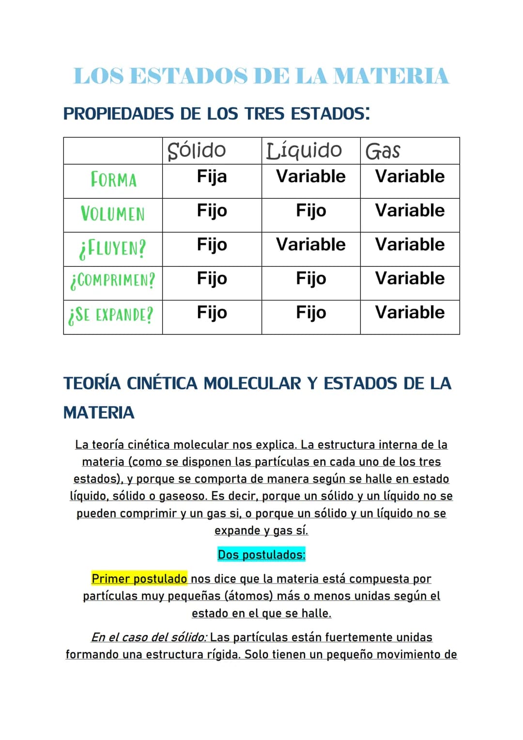 # LOS ESTADOS DE LA MATERIA

PROPIEDADES DE LOS TRES ESTADOS:

|           | Sólido | Líquido  | Gas      |
| :-------- | :----- | :------- 