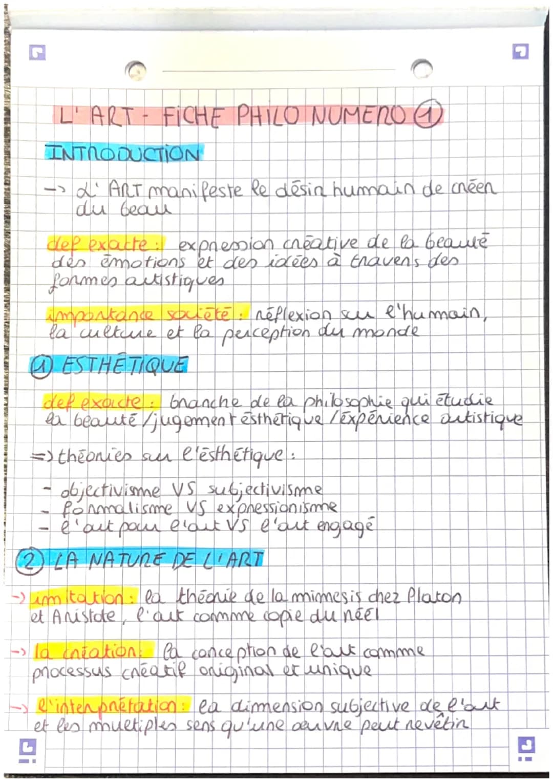 # L' ART FICHE PHILO NUMERO

INTRODUCTION

→L'ART mani peste le désin humain de créen
du beau

dep exacte: expression creative de la beaute
