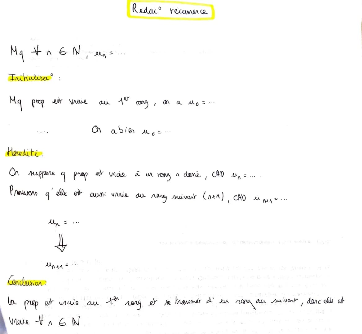 Redac° recurence

Mq $\forall$ n $\in$ N, $u_n$ = ...

Inihalisa°:
Mq prop est vraie au 1er rang, on a $u_0$ = ...

On a bien $u_0$=...

Her