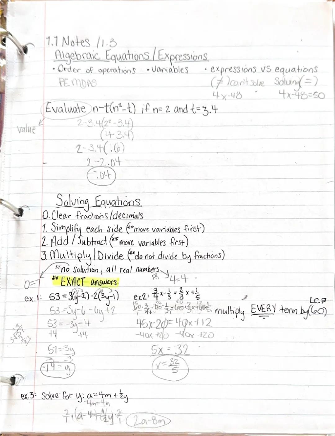 # 1.1 Notes 11.3
Algebraic Equations/Expressions
*   Order of operations Variables.
PEMDAS
*   expressions vs equations
(7)can't solve Solui