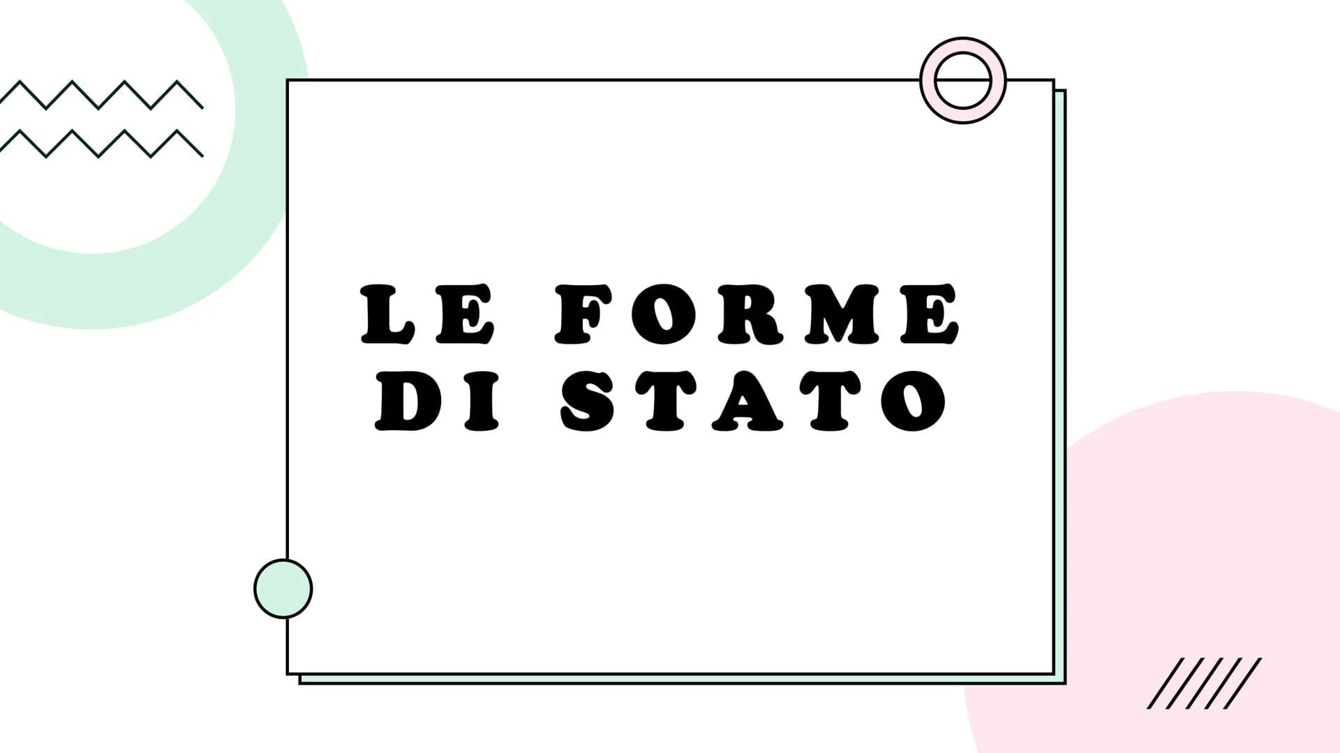 # LE FORME
# DI STATO TIPI FORME DI STATO

• Stato assoluto
• Stato liberale
• Stato totalitario
• Stato socialista
• Stato democratico

Che