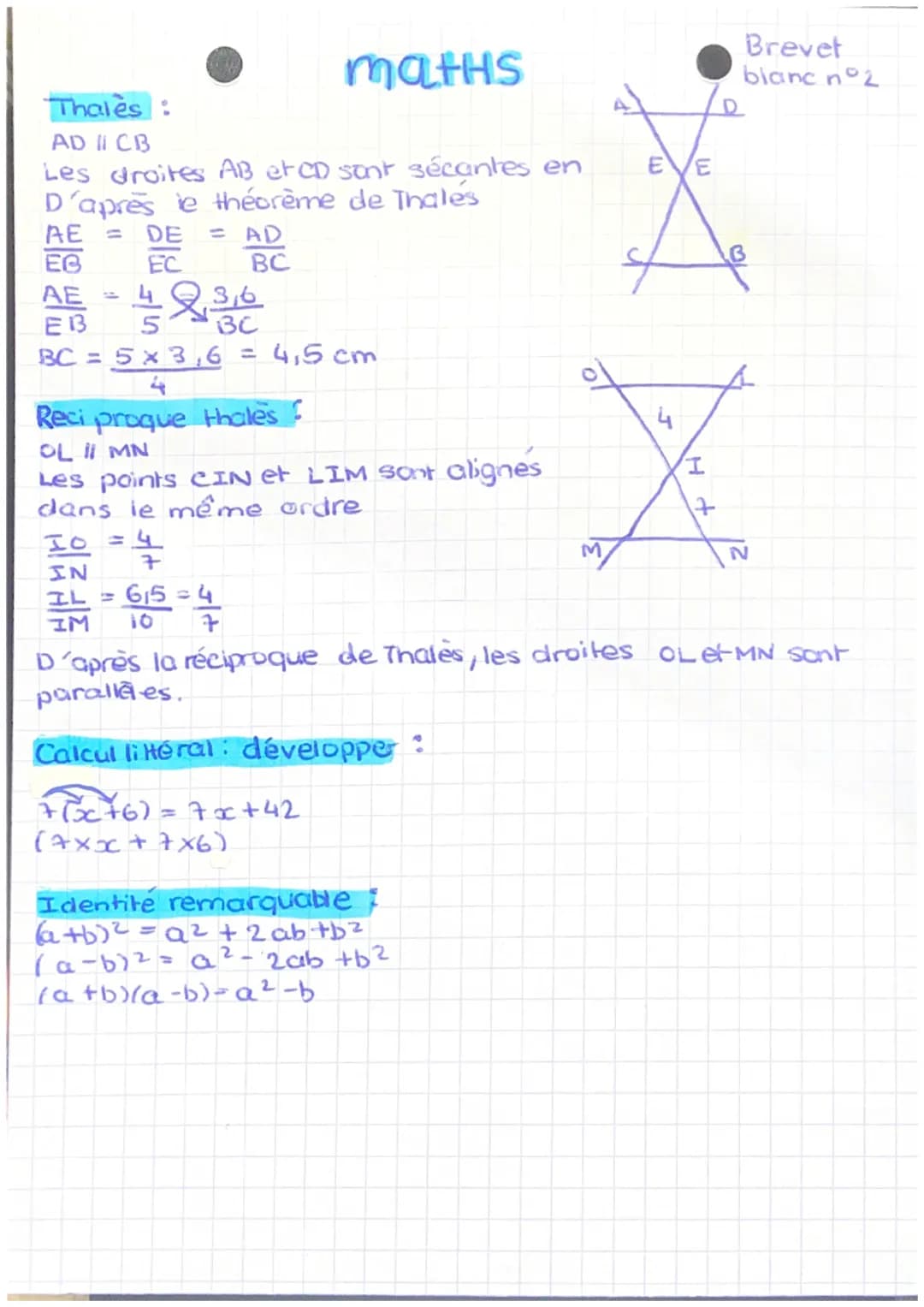 maths

Thales:
AD II CB
Les droites AB et CD sont sécantes en
D'après le théorème de Thales
$
\frac{AE}{EB} = \frac{DE}{EC} = \frac{AD}{BC}

