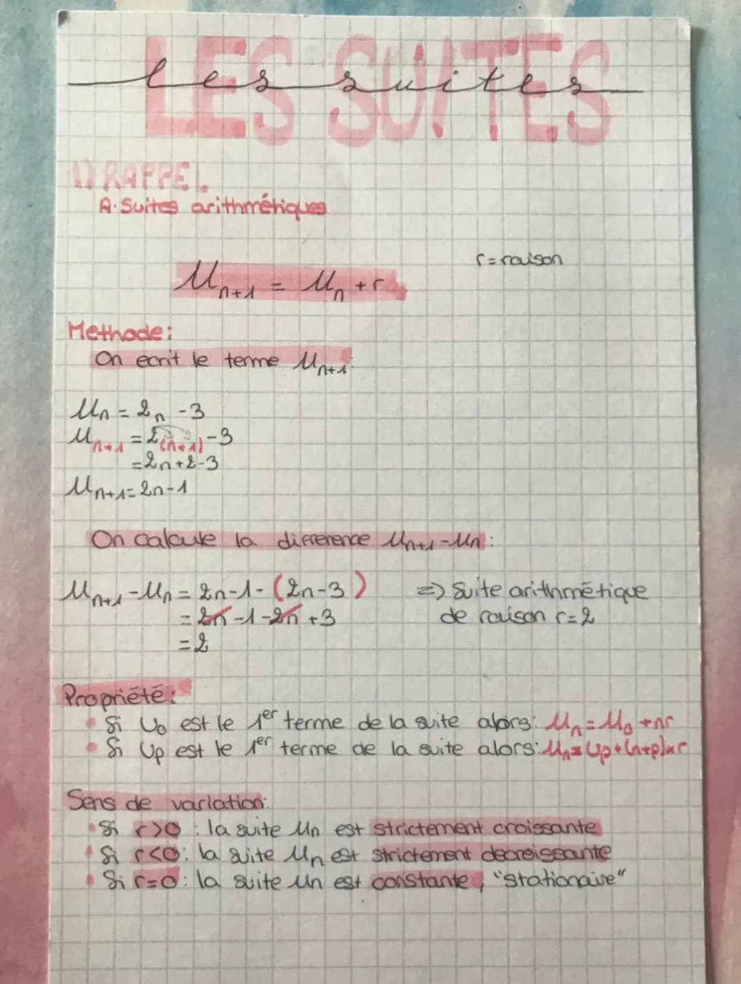 # les suites

RAPPEL
A Suites arithmétiques

$U_{n+1} = U_n + r$  r=rouson

Methode:
On ecrit le terme $U_{n+1}$

$U_n = 2n - 3$
$U_{n+1} = 