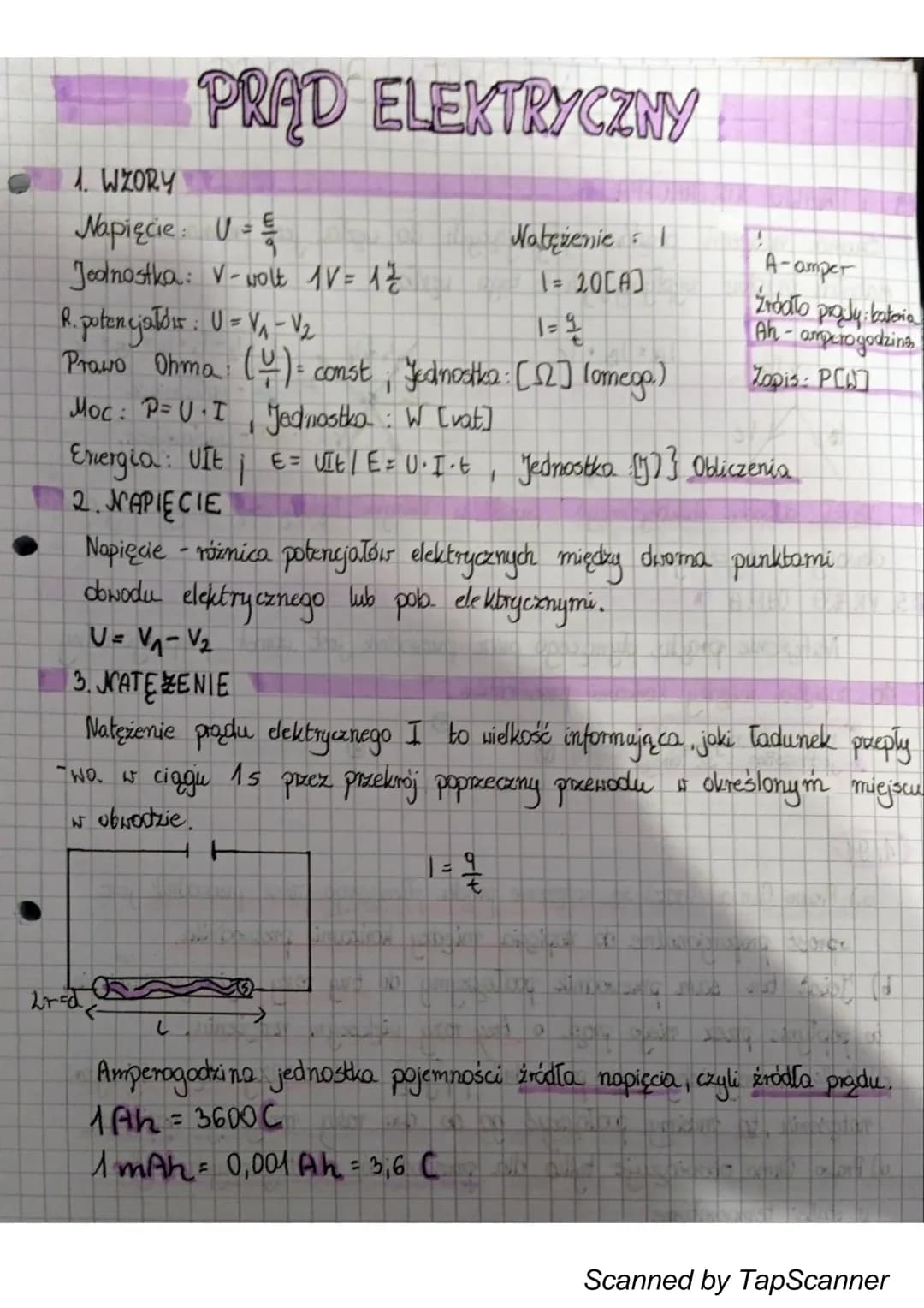 # PRĄD ELEKTRYCZNY

1. WZORY

Napięcie: U=$\frac{E}{q}$

Jednostka: V-wolt 1V=1$\,\frac{J}{C}$

R. potencjałórs: U=V₁-V₂

Prawo Ohma: $(\fra