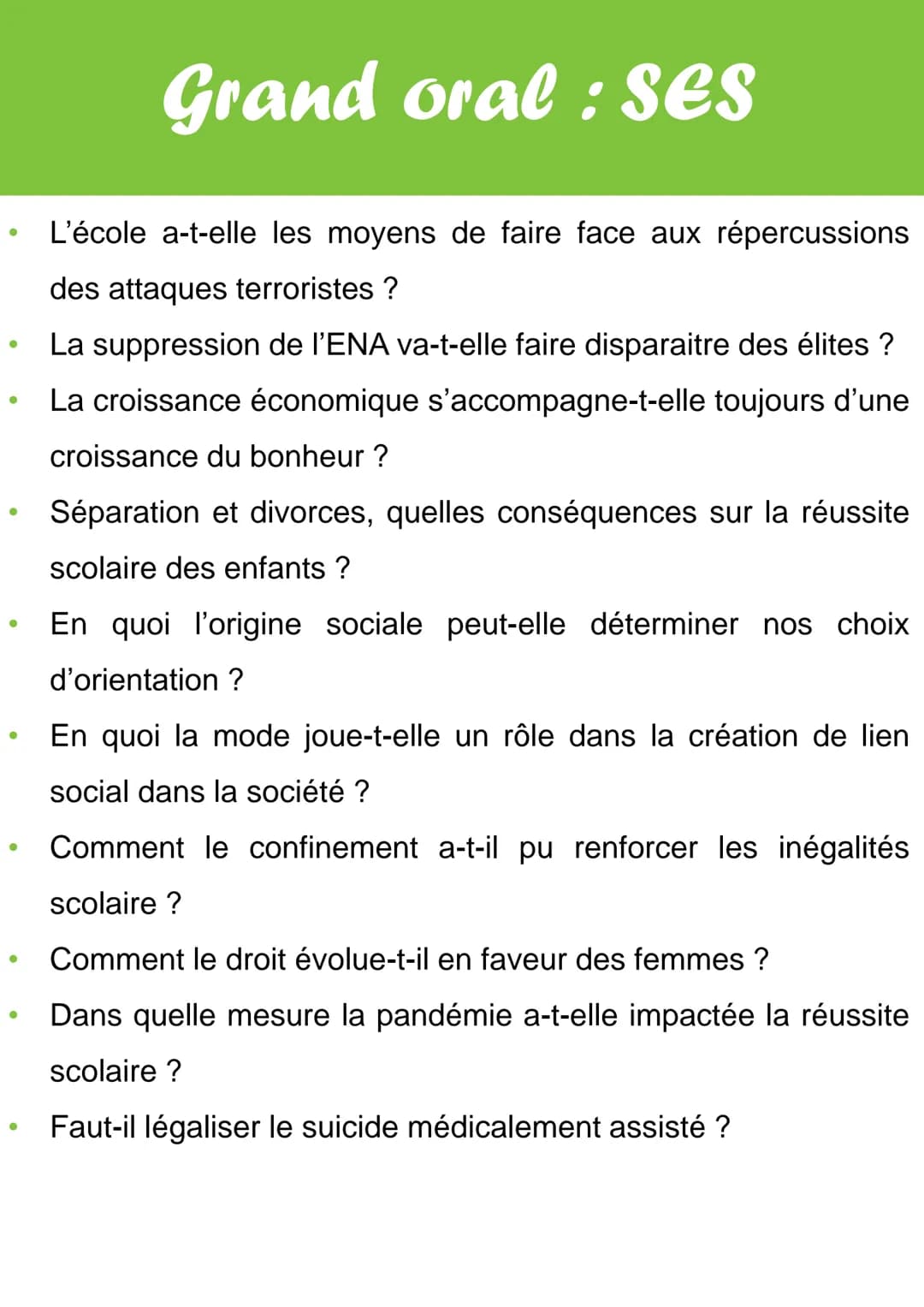 # Grand oral : SES

Quelques idées de sujet pour le grand oral en SES :

*   La jeunesse française est-elle désengagée de la vie politique
 