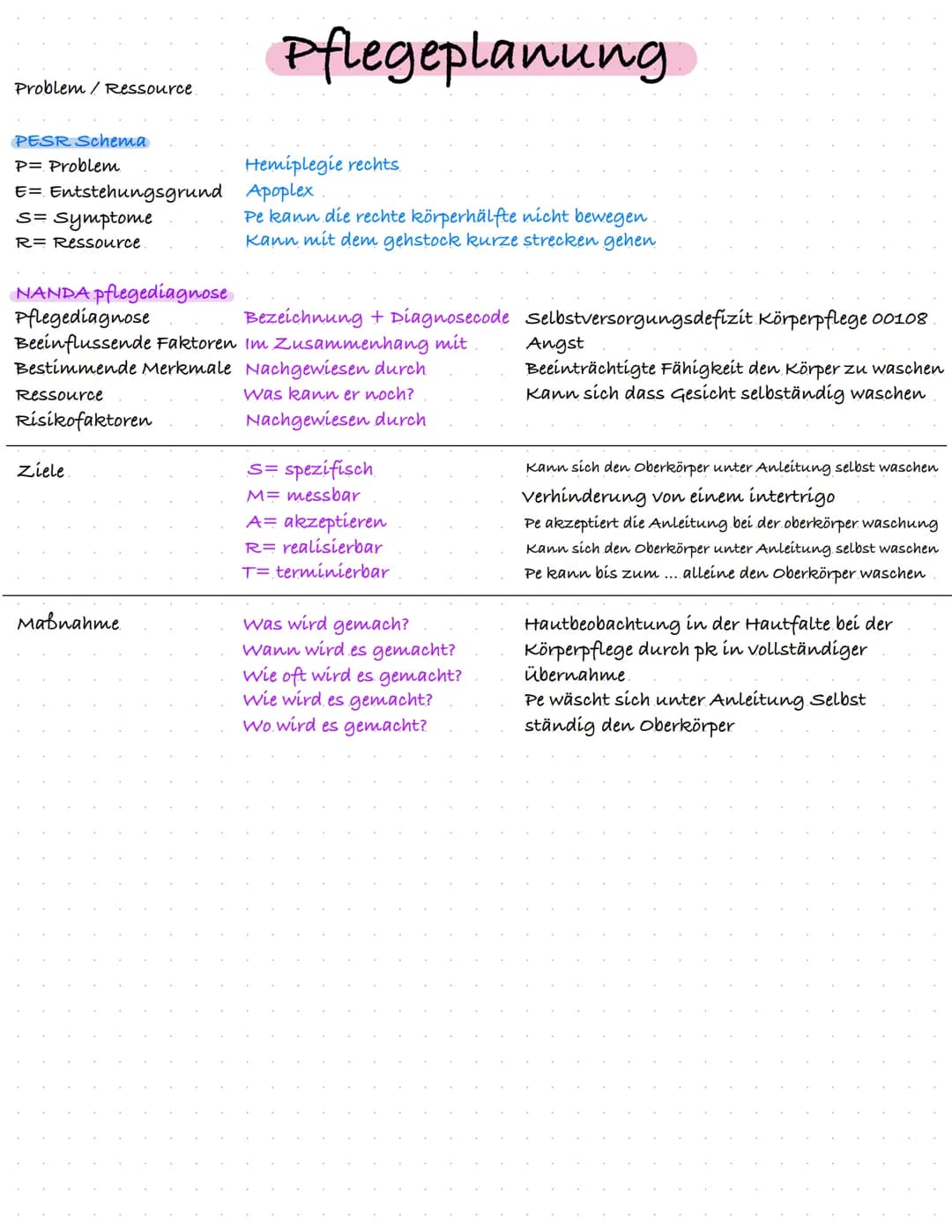 Problem/Ressource

# Pflegeplanung

PESR Schema
P= Problem
E= Entstehungsgrund
S= Symptome
R= Ressource

Hemiplegie rechts
Apoplex
Pe kann d