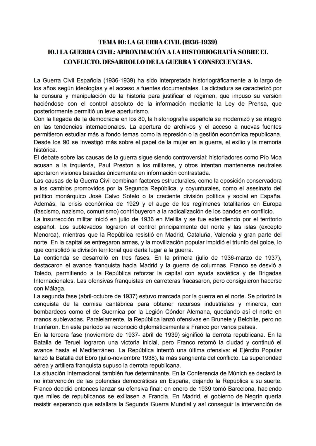 # TEMA 10: LA GUERRA CIVIL (1936-1939)

# 10.1 LA GUERRA CIVIL: APROXIMACIÓN A LA HISTORIOGRAFÍA SOBRE EL CONFLICTO. DESARROLLO DE LA GUERRA
