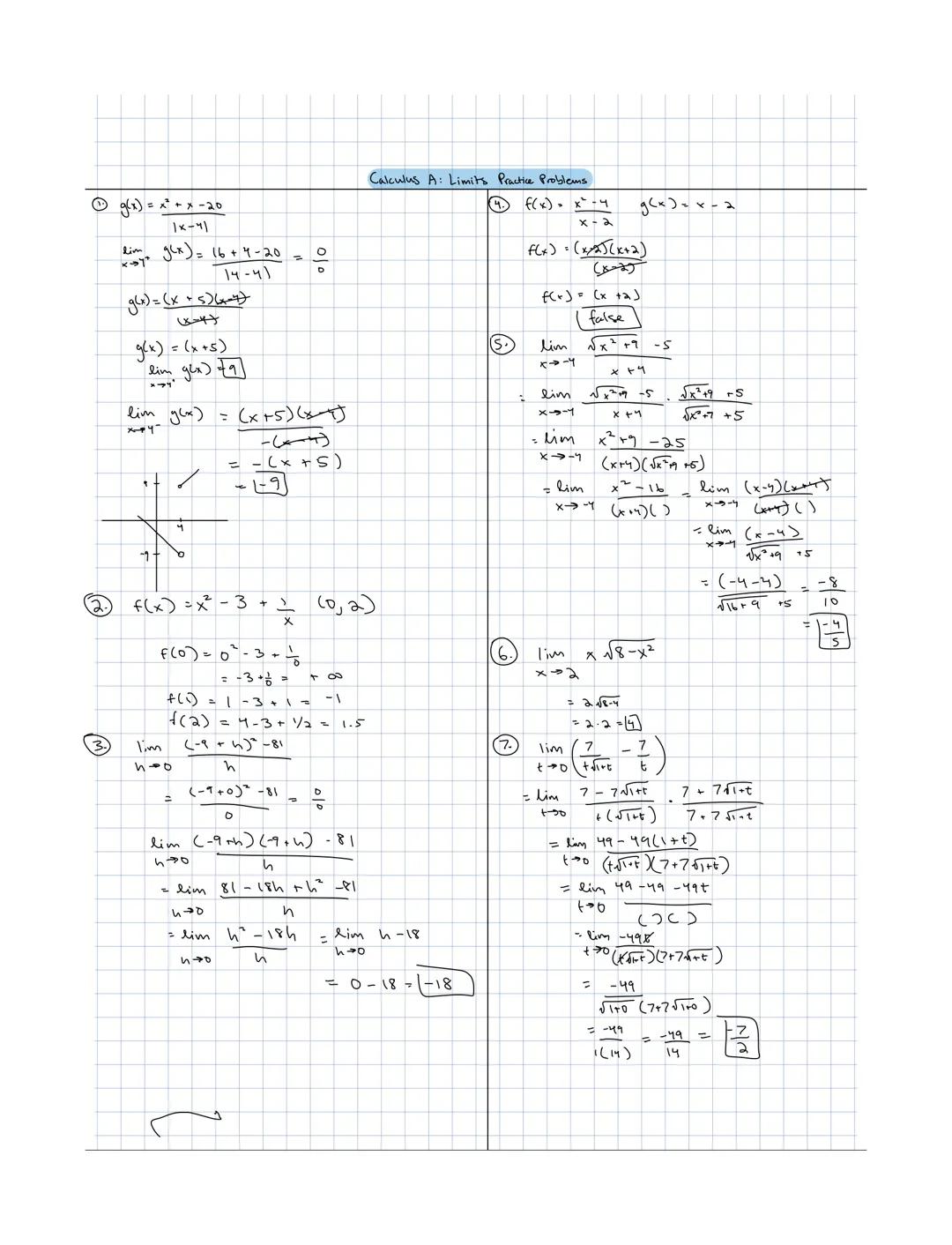 Calculus A: Limits Practice Problems

①g(x)=$x+x-20$
  $|x-4|$

lim $g(x)$= $16+4-20$ = $\frac{0}{0}$
$x\rightarrow4$

$\frac{14-41}{14-41}$