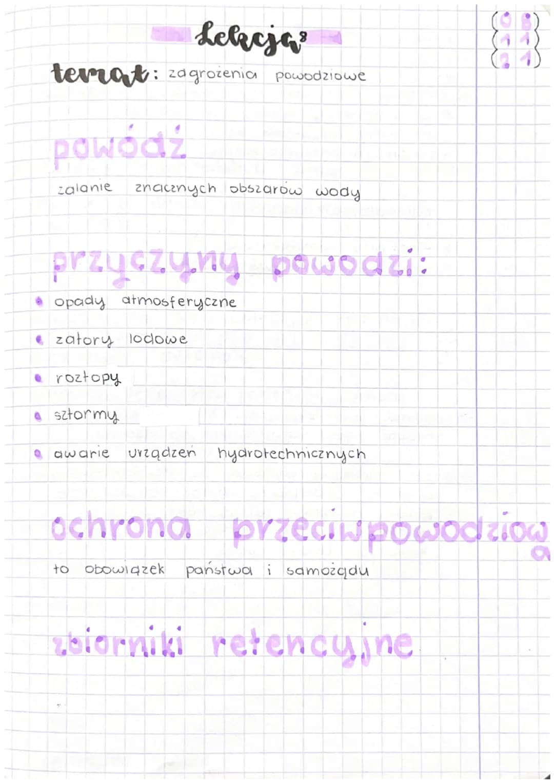 Lekcją

temat: zagrożenia powodziowe

powódź

zalanie znacznych obszarów wody

przyczyny powodzi:

*   opady atmosferyczne
*   zatory lodowe