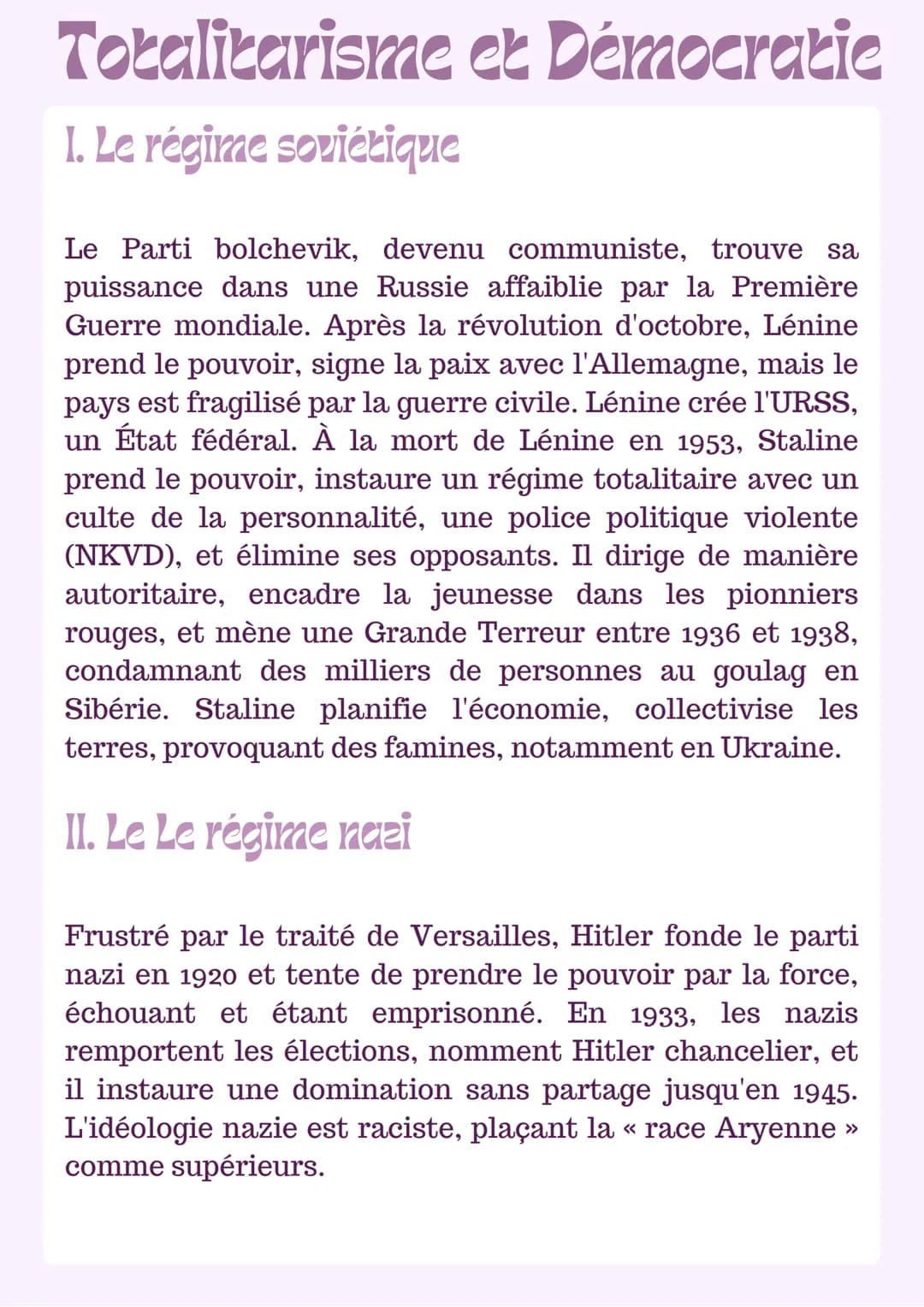 # Totalitarisme et Démocratie

1. Le régime soviétique

Le Parti bolchevik, devenu communiste, trouve sa
puissance dans une Russie affaiblie