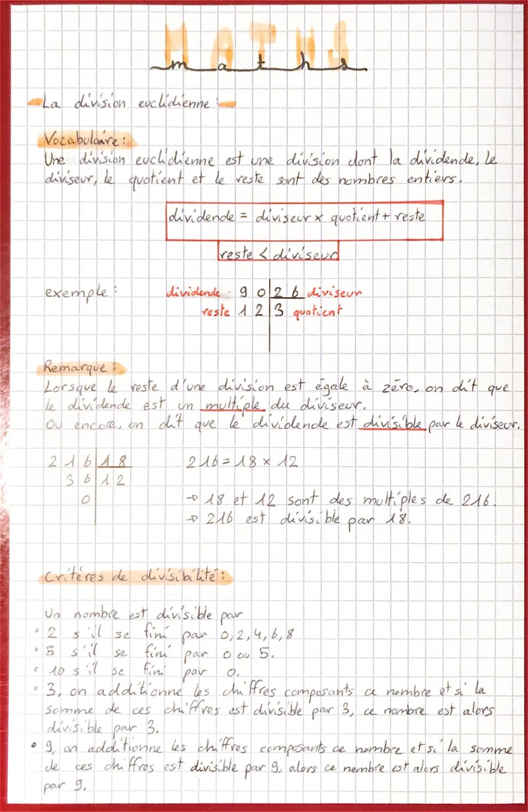 # maths

- La division euclidienne

Vocabuloare:
Une division euchidienne est une division dont la dividende, le
diviseur, le quotient et le