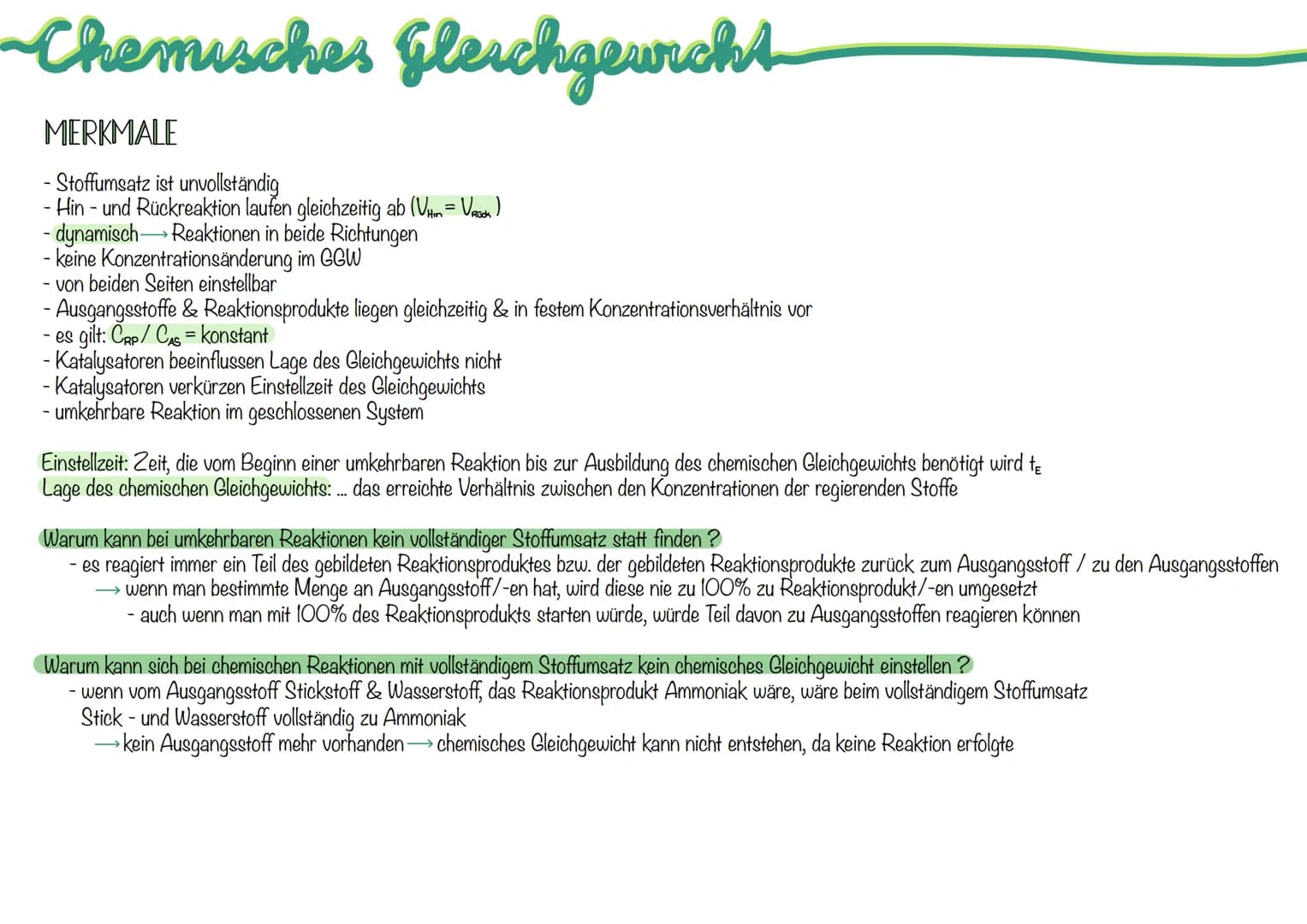 # Chemisches Gleichgewicht

MERKMALE

- Stoffumsatz ist unvollständig
- Hin - und Rückreaktion laufen gleichzeitig ab ($V_{Hin}$ = $V_{Rück}