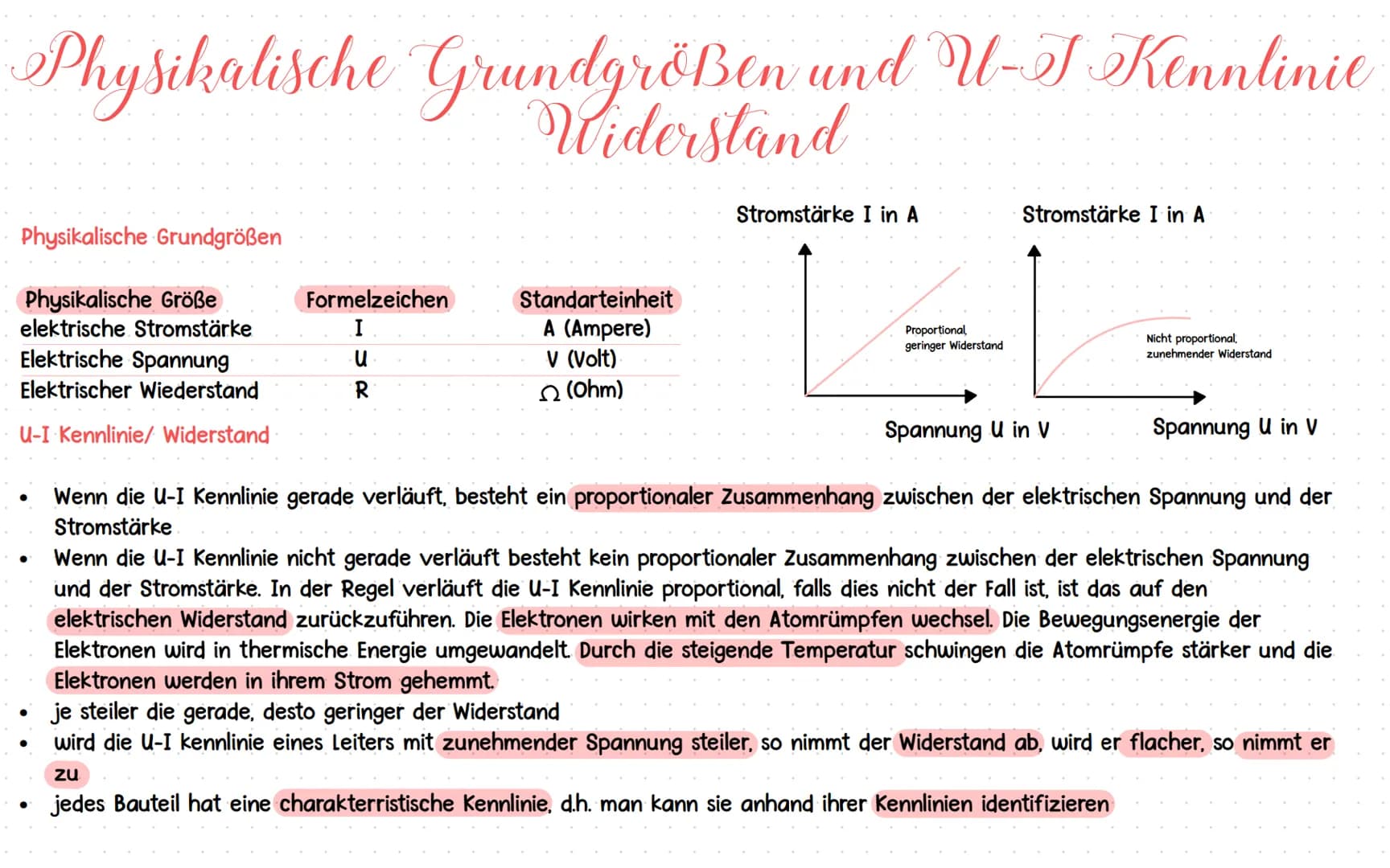 # Physikalische Grundgrößen und U-I Kennlinie
Widerstand

• Physikalische Grundgrößen

Physikalische Größe | Formelzeichen | Standarteinheit
