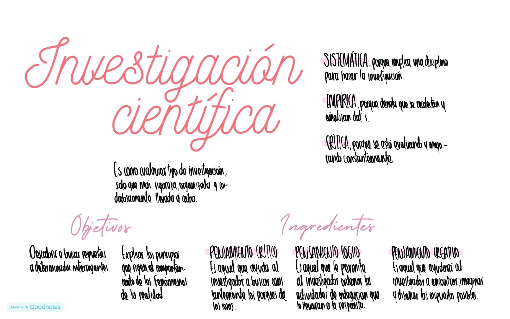Investigación
científica

Es como cualquier tipo de investigación,
solo que más rigurota, organizada q (01-
dadosamente llevada a cabo.

Obj