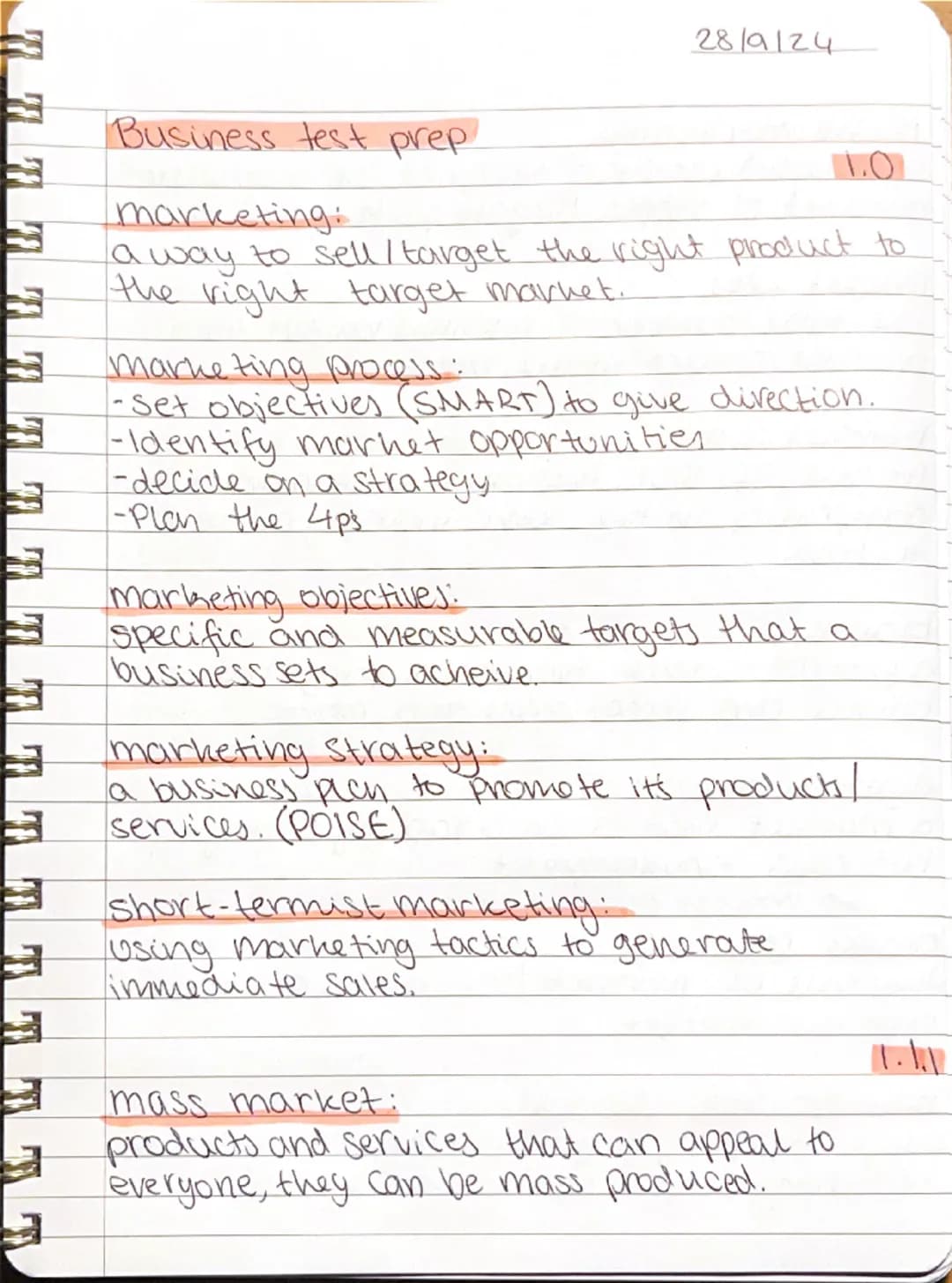 28/9/24

Business test prep

marketing:
a way to sell / target the right product to
the right target market.

marketing process:
-Set object