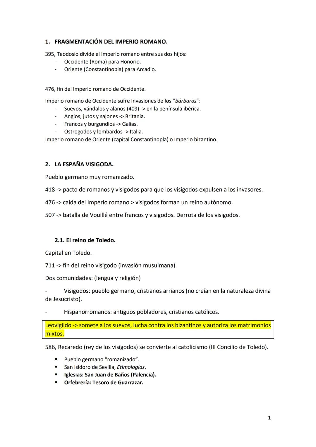 # 1. FRAGMENTACIÓN DEL IMPERIO ROMANO.

395, Teodosio divide el Imperio romano entre sus dos hijos:
- Occidente (Roma) para Honorio.
- Orien