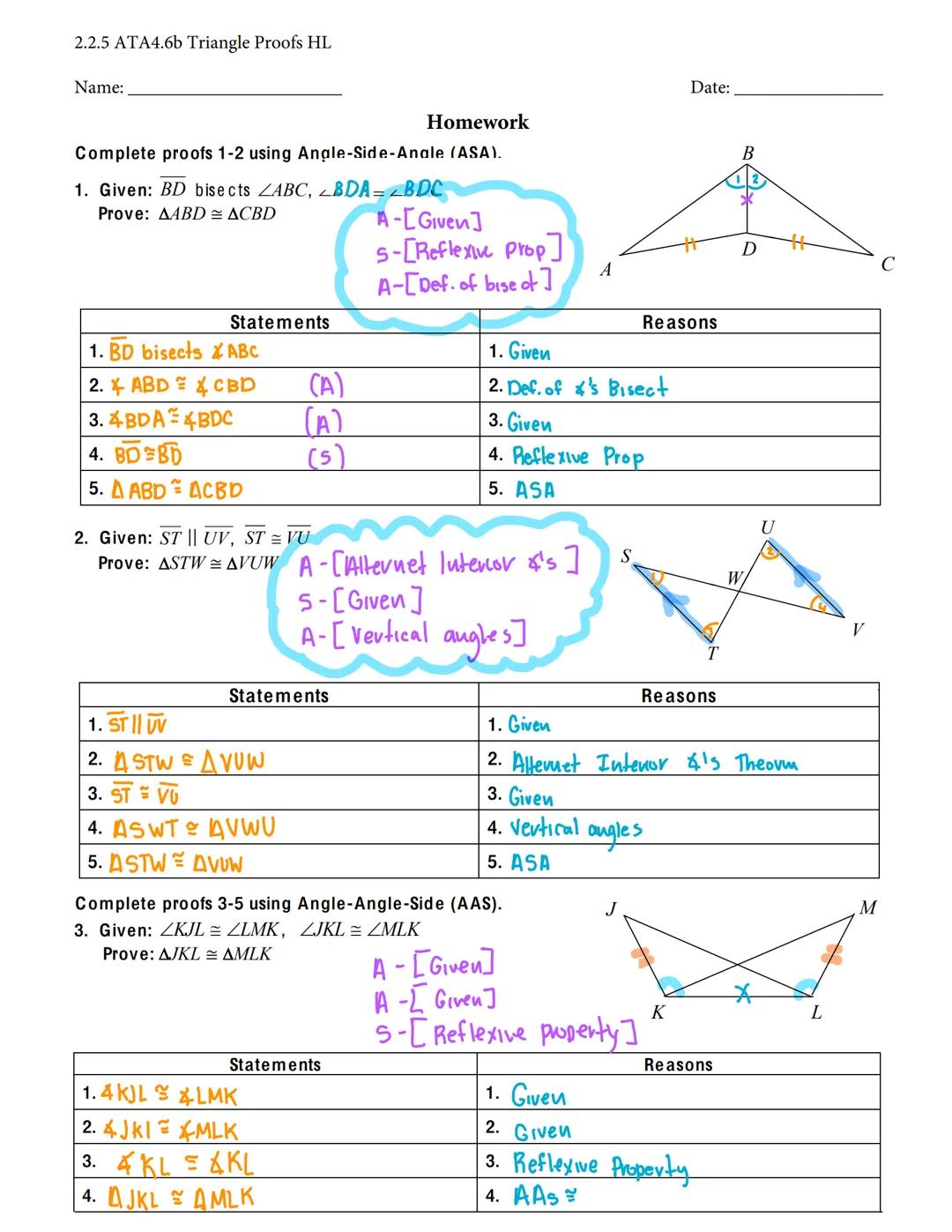2.2.5 ATA4.6b Triangle Proofs HL
# RIGHT TRIANGLE CONGRUENCE Proofs HL
## HL (hypotenuse-leg) CONGRUENCE THEOREM
If the hypotenuse and a leg