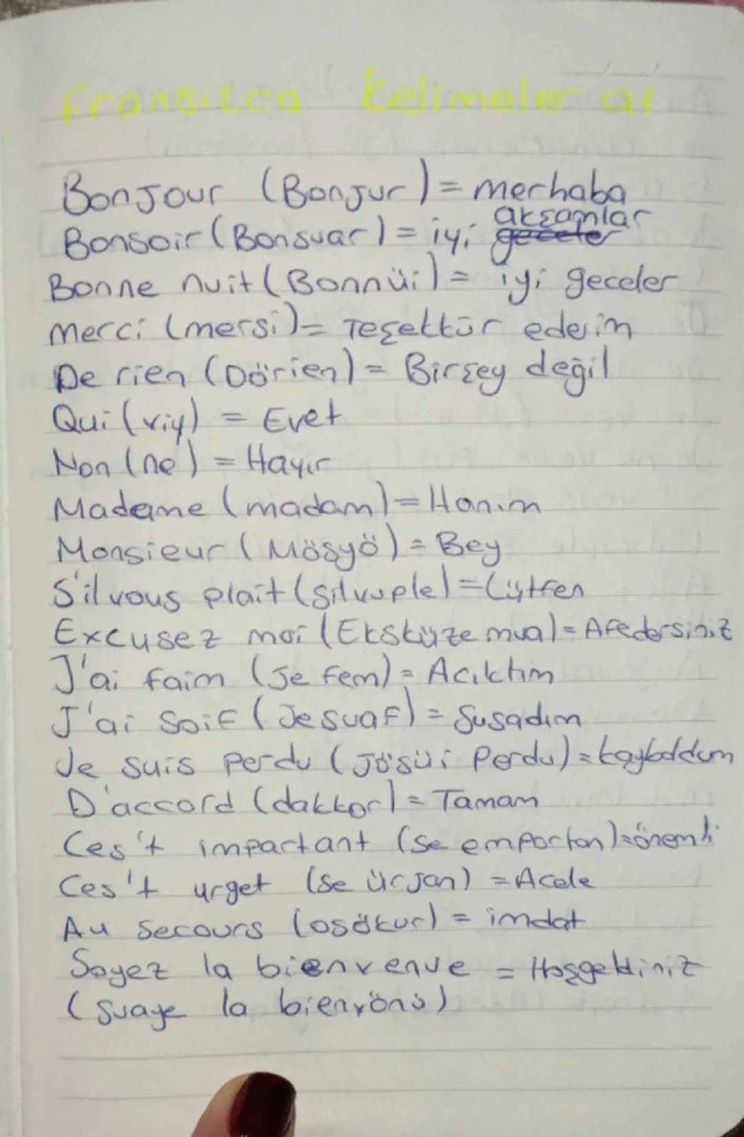 akşamlar
Bonjour (Bonjur) = merhaba
Bonsoir (Bonsuar) = iyi gezeala
Bonne nuit (Bonnüil = iyi geceler
Merci (mersi)= Teşekkür ederim.
De rie
