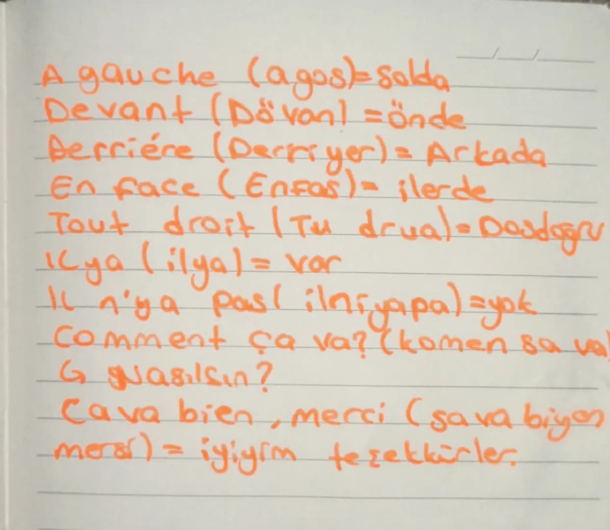akşamlar
Bonjour (Bonjur) = merhaba
Bonsoir (Bonsuar) = iyi gezeala
Bonne nuit (Bonnüil = iyi geceler
Merci (mersi)= Teşekkür ederim.
De rie