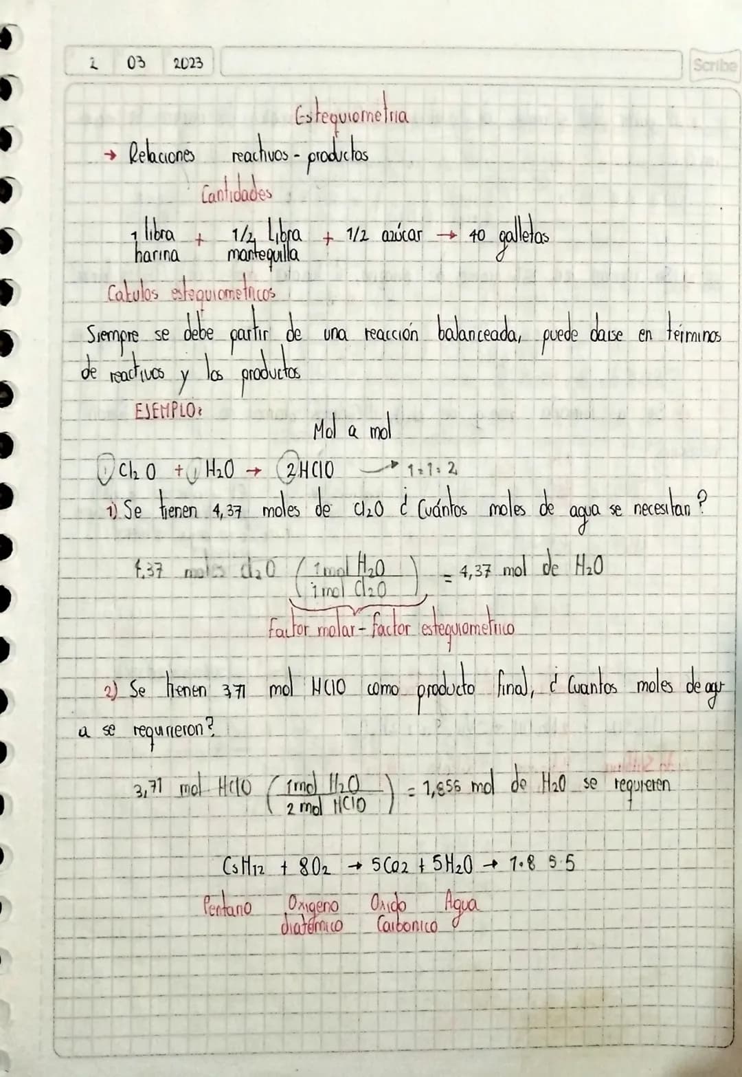 2 03
2023
Scribe

Estequiometria

→ Relaciones reactivos - productos

Cantidades
1 libra + 1/2 Libra + 1/2 azúcar → 40 galletas
harina mante