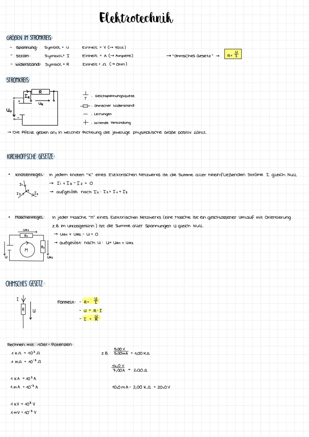 # Elektrotechnik

GROBEN IM STROMKREIS:

- Spannung Symbol u Einheit V (Volt)
- Strom Symbol I Einheit A (→ Ampere) → "Onmsches Gesetz" R= $