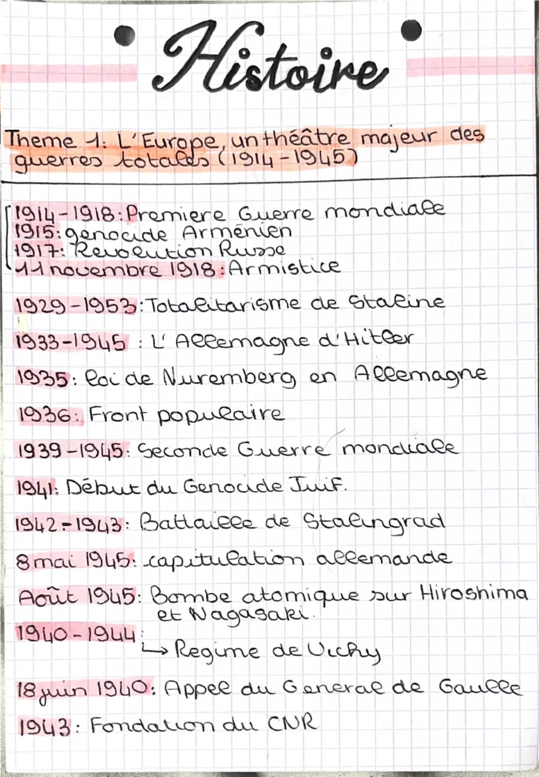 # Histoire

Theme 1: L'Europe, un théâtre majeur des
guerres totales (1914-19457

11914-1918: Premiere Guerre mondiale
1915: genocide Arméni