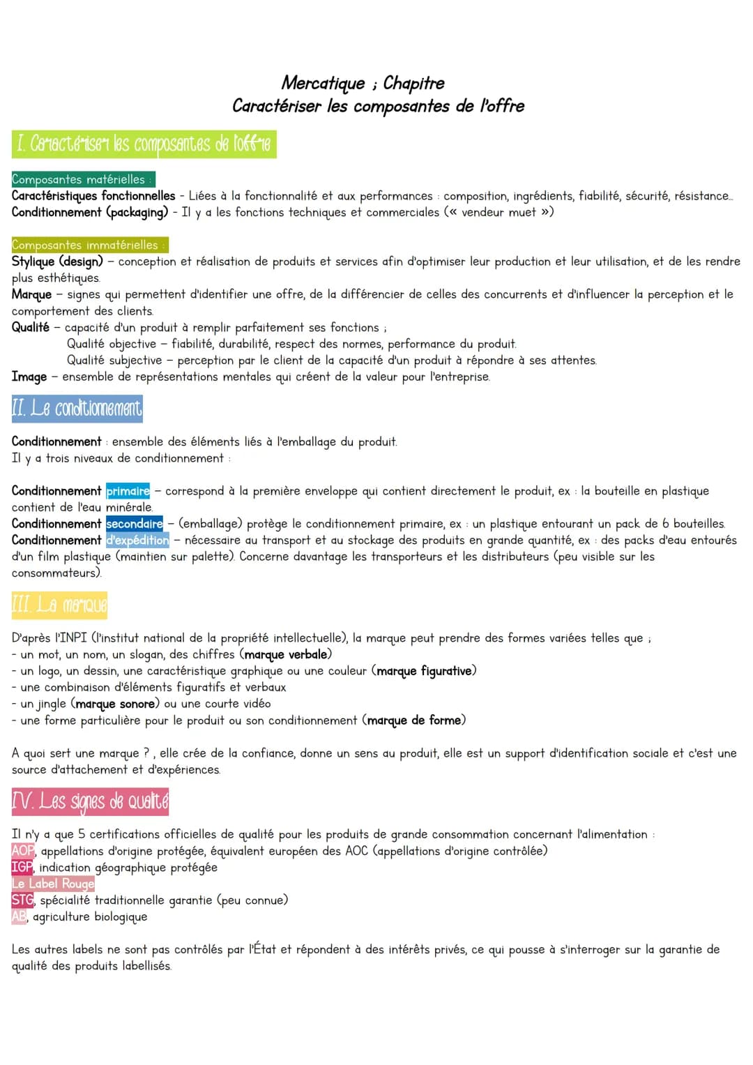 Mercatique; Chapitre
Caractériser les composantes de l'offre

I. Caractériser les composantes de loffre

Composantes matérielles
Caractérist