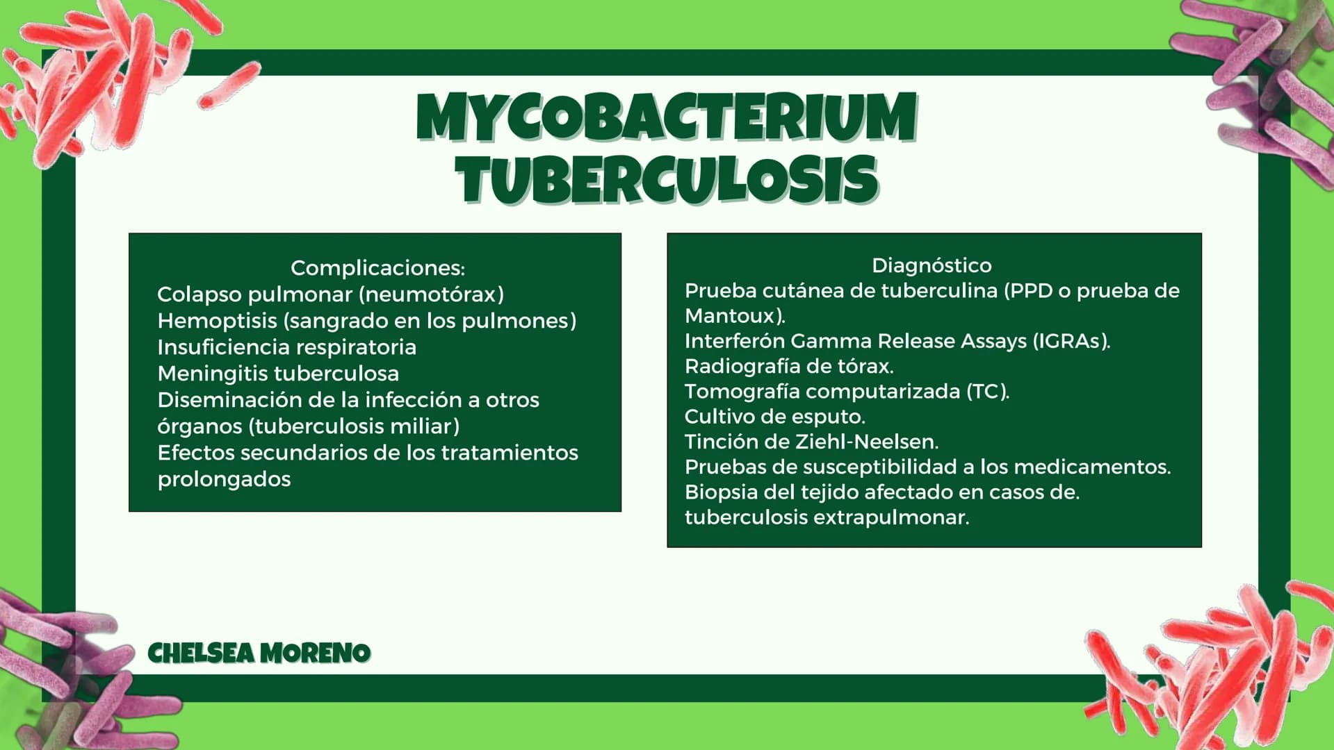 # MYCOBACTERIUM
# TUBERCULOSIS

Complicaciones:
- Colapso pulmonar (neumotórax)
- Hemoptisis (sangrado en los pulmones)
- Insuficiencia resp