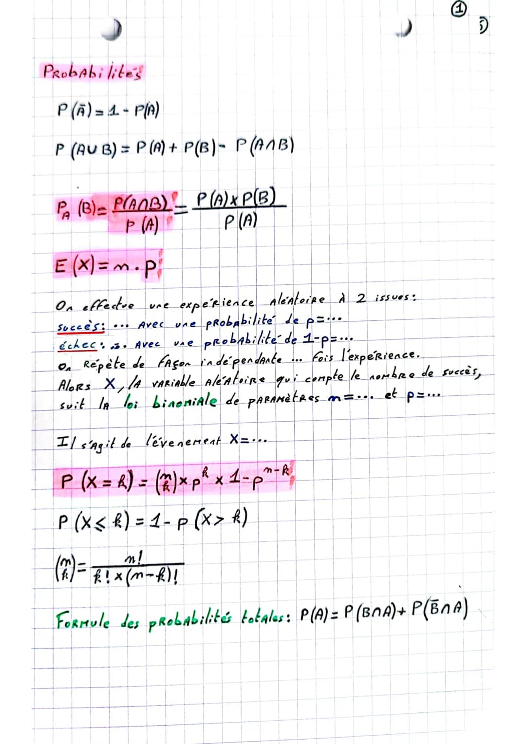 Probabilites

P(A) = 1-P(A)

P (AUB) = P(A) + P(B)- P(AMB)

PA (B)=P(ANB) - P(A)XP(B)
P(A)

P(A)

E (X) = m. p

①

On effectue une expérienc