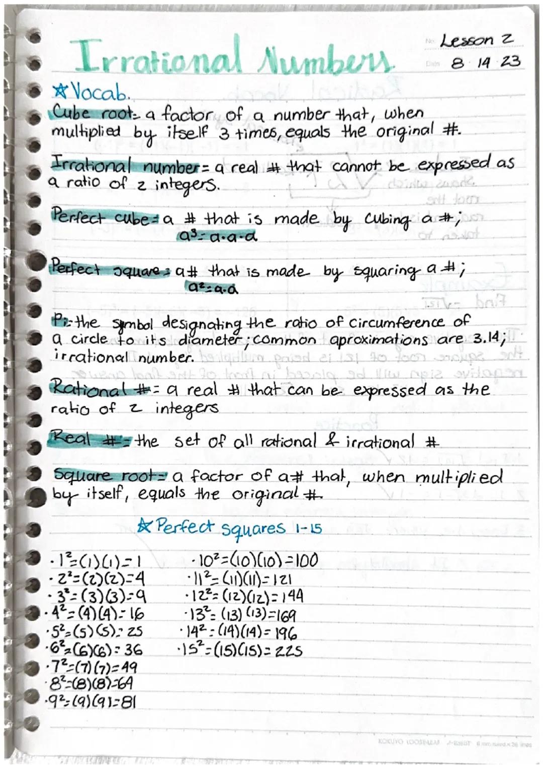 # Irrational Numbers

Vocab.

Lesson 2
8 14 23

Cube root a factor of a number that, when
multiplied by itself 3 times, equals the original 
