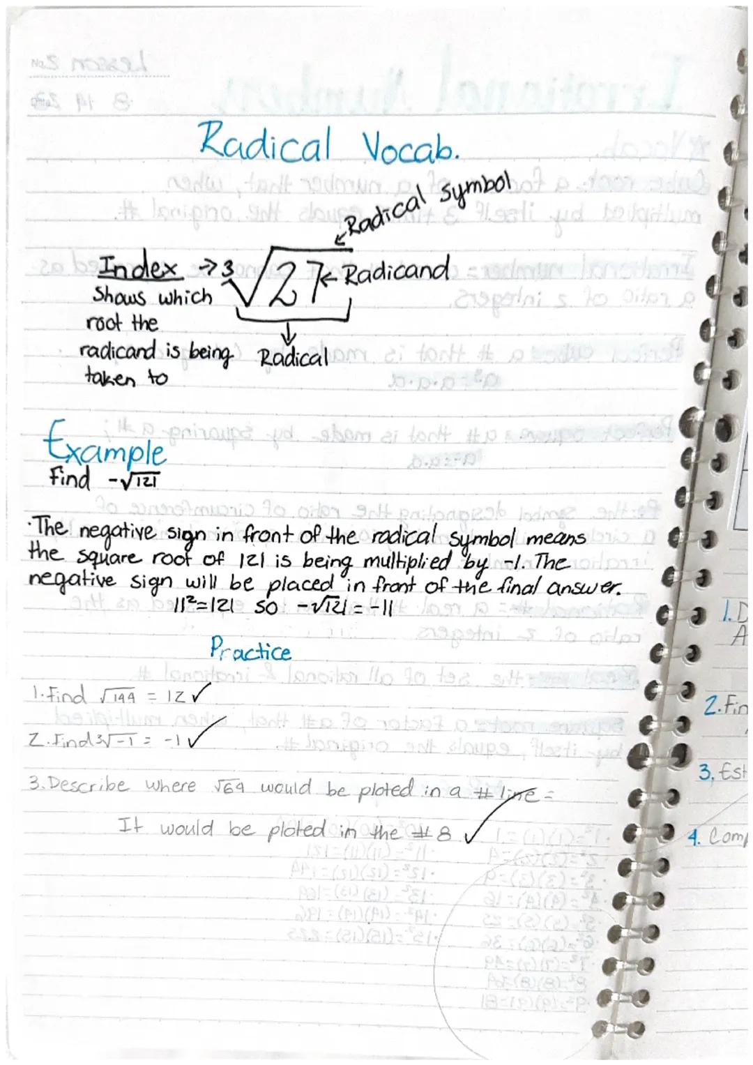 # Irrational Numbers

Vocab.

Lesson 2
8 14 23

Cube root a factor of a number that, when
multiplied by itself 3 times, equals the original 
