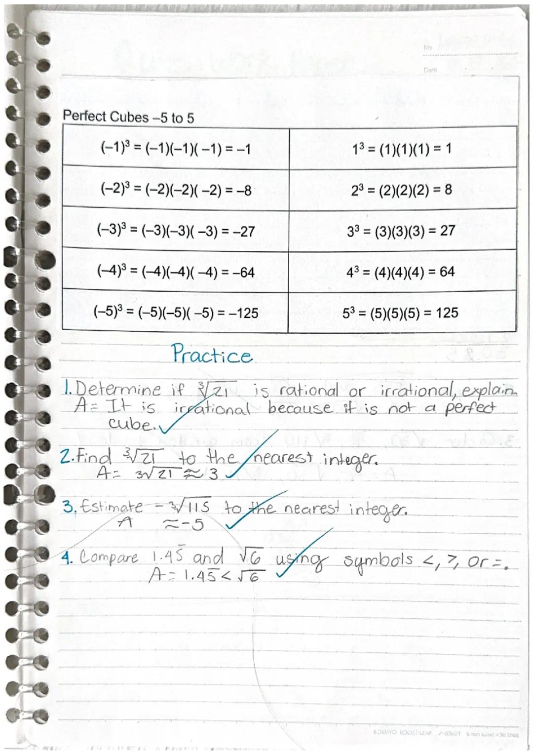 # Irrational Numbers

Vocab.

Lesson 2
8 14 23

Cube root a factor of a number that, when
multiplied by itself 3 times, equals the original 