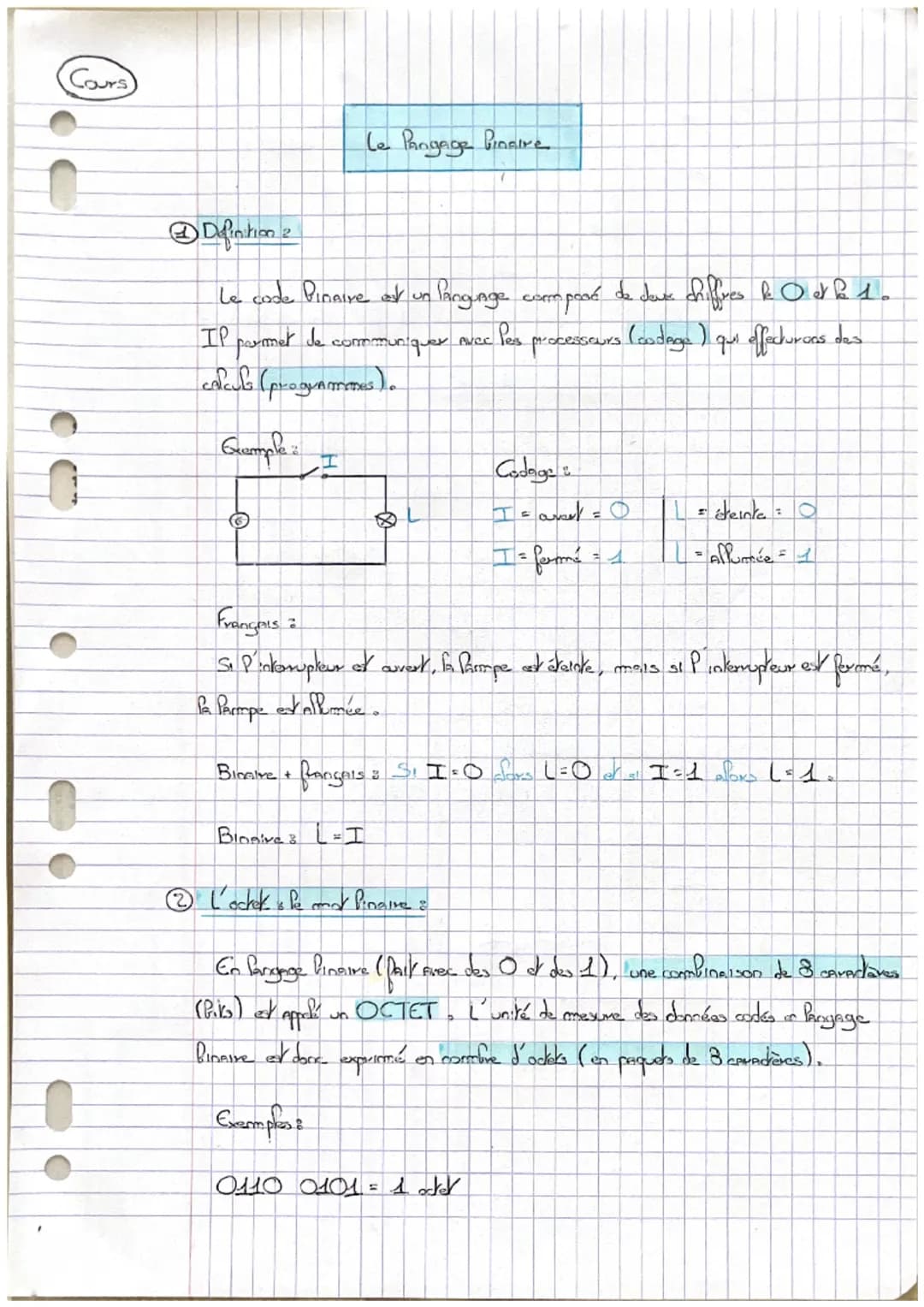 Cours

Defintion 2

Le Pangage binaire

Le code Binaire et un language composé de deve chiffres de 1.
Il permet de communiquer avec les proc
