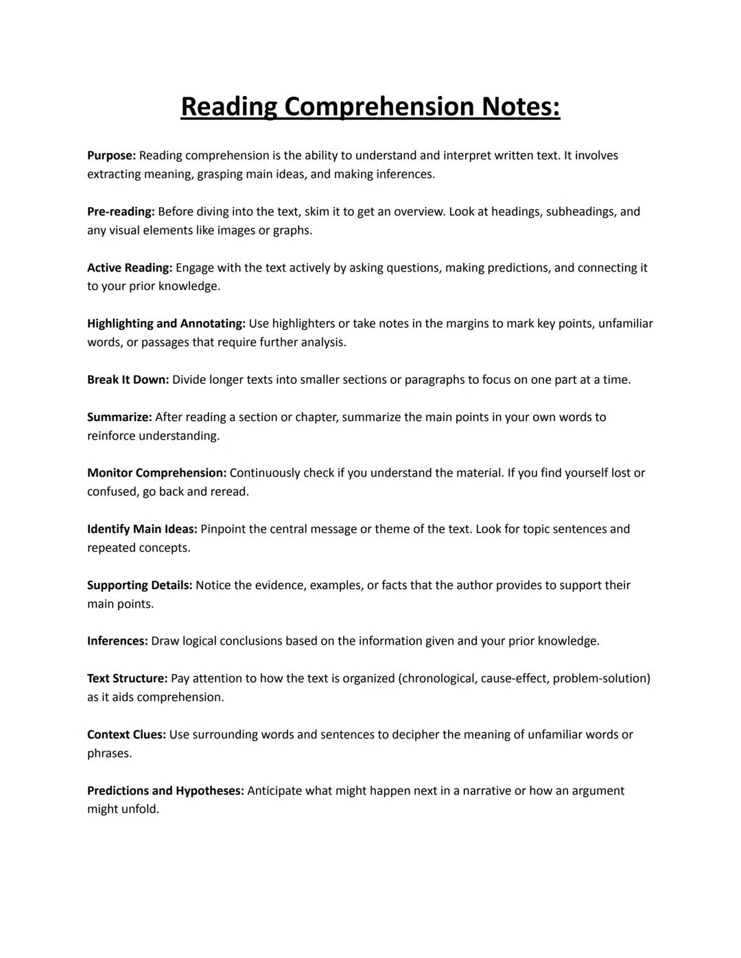 # Reading Comprehension Notes:

Purpose: Reading comprehension is the ability to understand and interpret written text. It involves
extracti