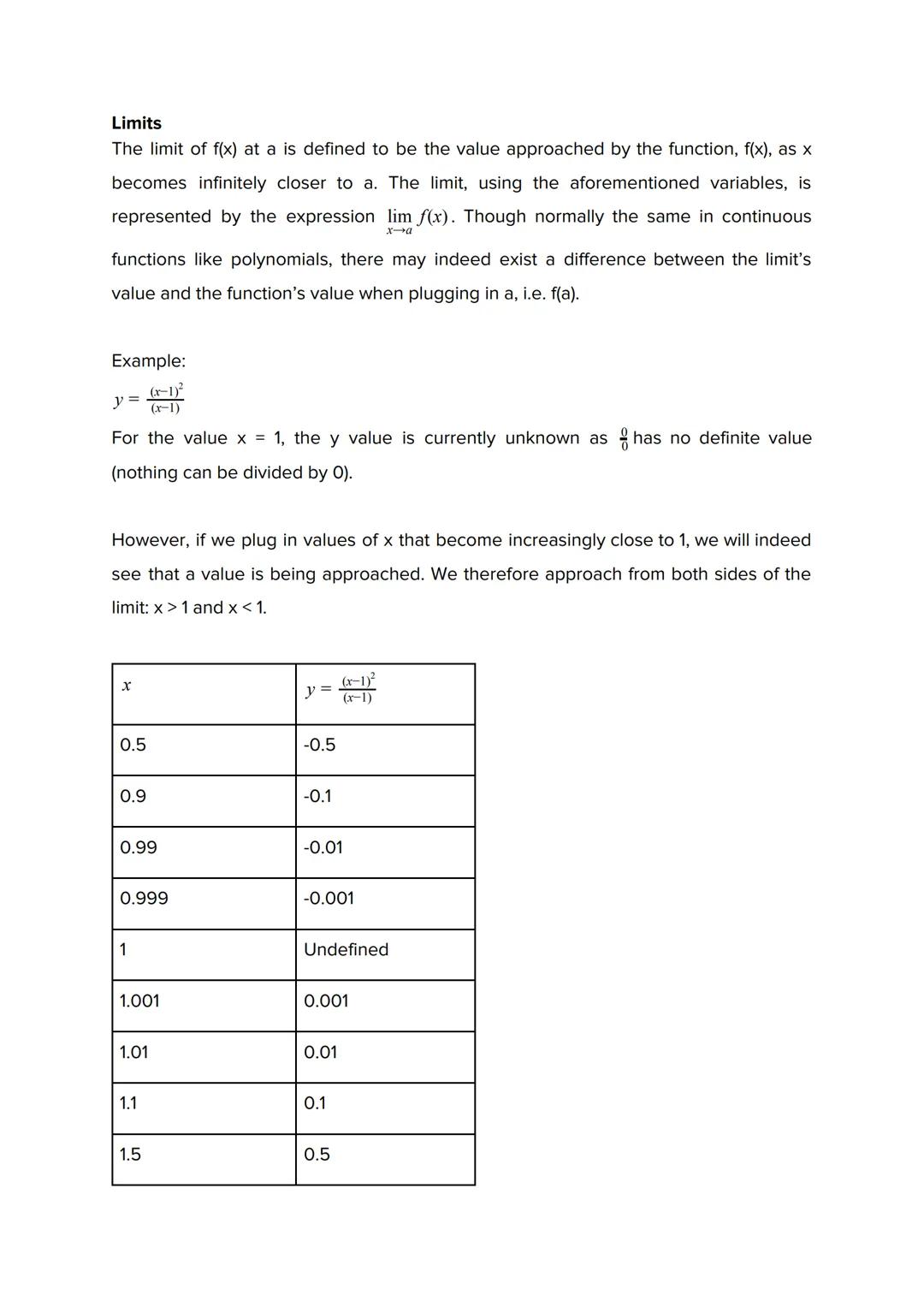 Limits
The limit of f(x) at a is defined to be the value approached by the function, f(x), as x
becomes infinitely closer to a. The limit, u