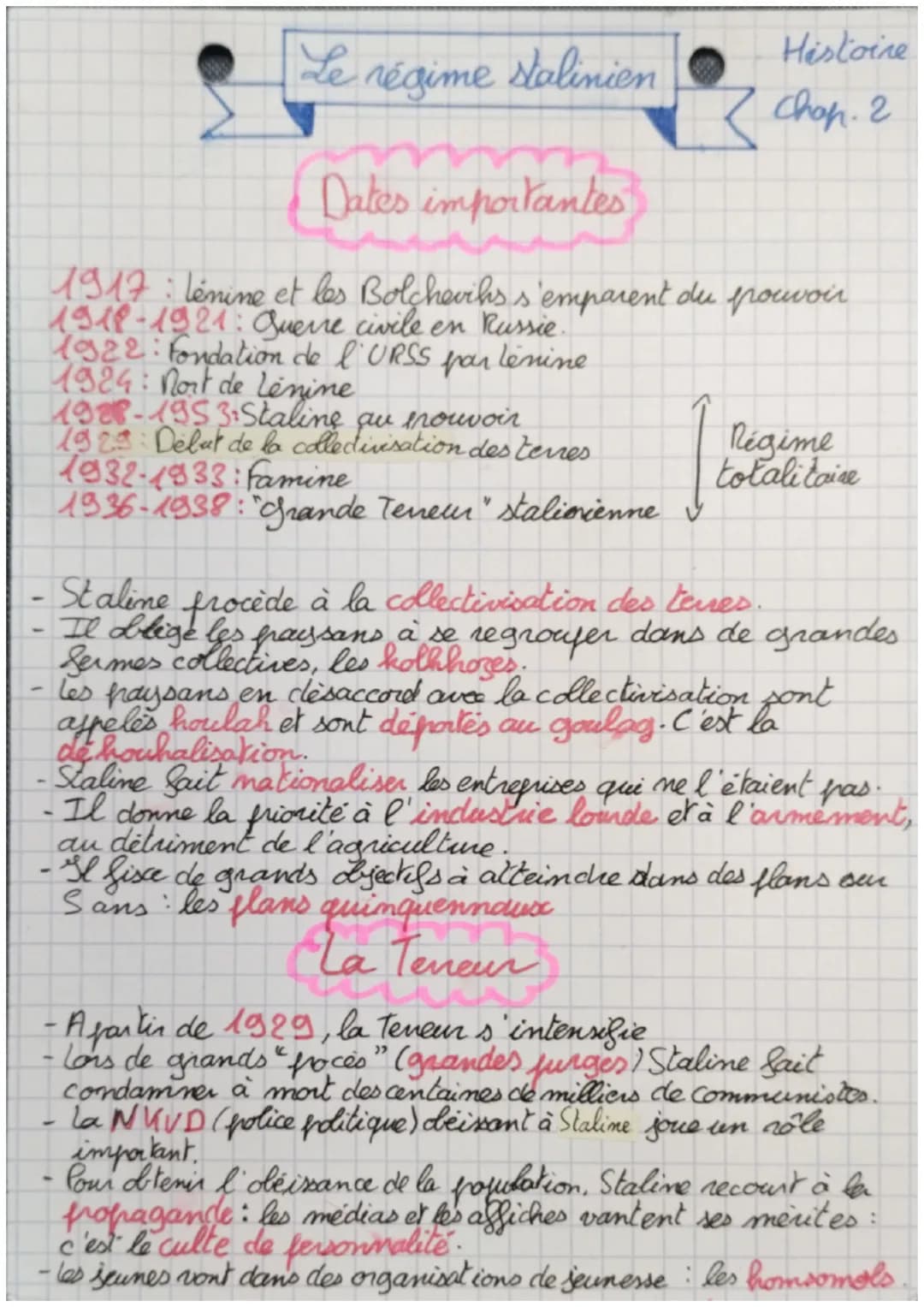 # Le régime stalinien

Dates importantes

Histoire
Chap. 2

1917: Lenine et les Bolcheviks s'emparent du pouvoir
1918-1921: Querre civile en